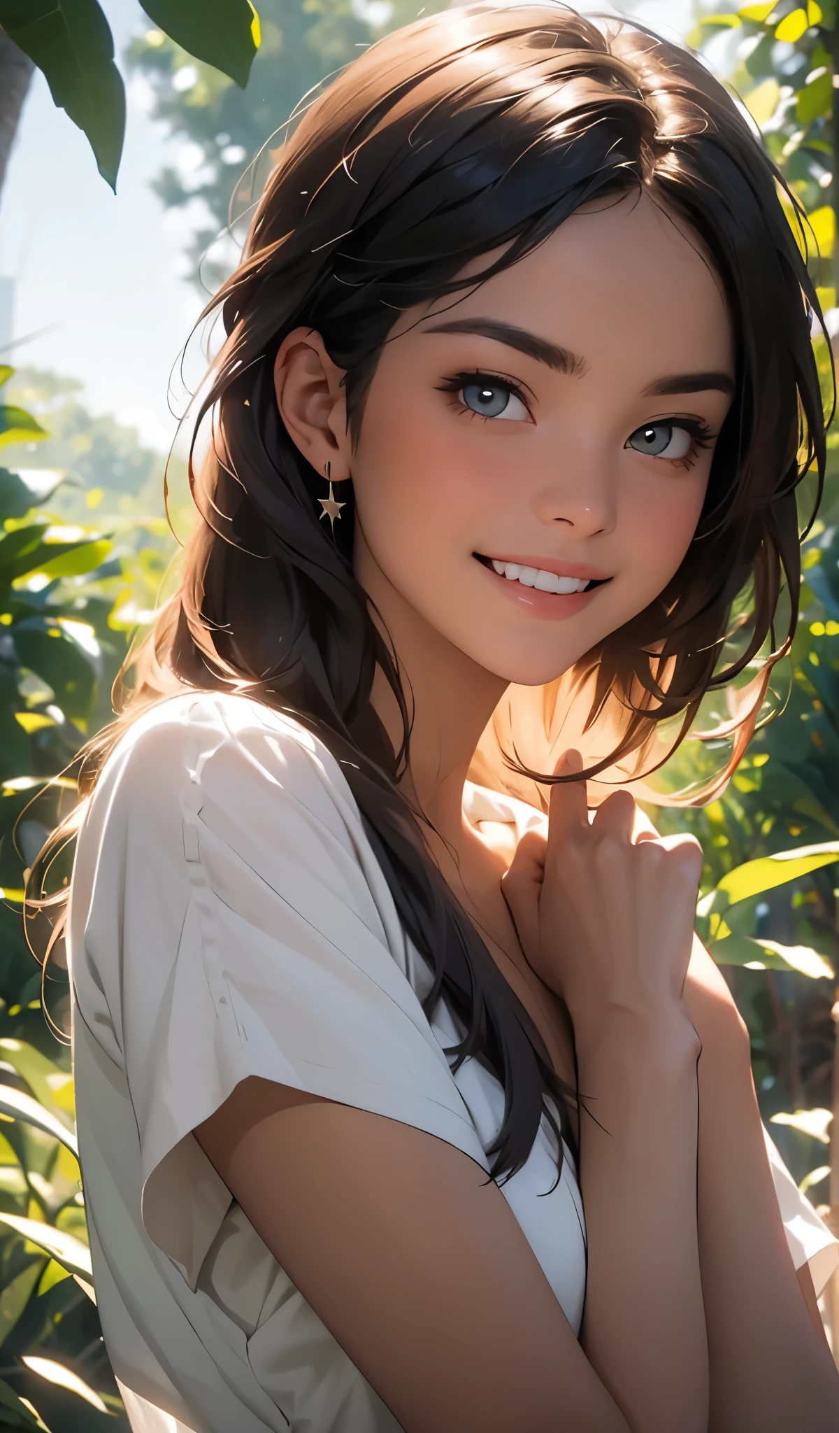 woman posing for a photo, Laugh, Happy, Long hair, Straight hair, finely detailed skin, During the day, A hot summer day, Nature lighting, detailed face:1.2, sharp focus, Hasselblad photography, masterpiece, Light makeup, cinematic lighting, 4k, best quality