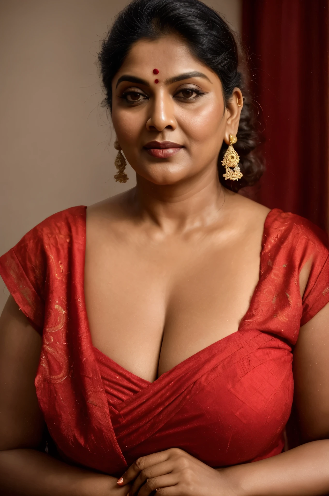 Looks like Indian Actress khushboo Sundar, actress khusbu Sundar, mallu, mallu aunty, desi aunty, full figured mature beauty, attractive figure, 48 years old, desi milf, desi aunty, a close up of a woman in a red dress in a bedroom, inspired by Avigdor Arikha, sleek!!!, indian super model, wavy hair combed to one side, actress, by Jitish Kallat, smoldering, intense smoldering, fashion, an angel, print ready, with a dramatic looking, inspired by Sudip Roy, seductive look