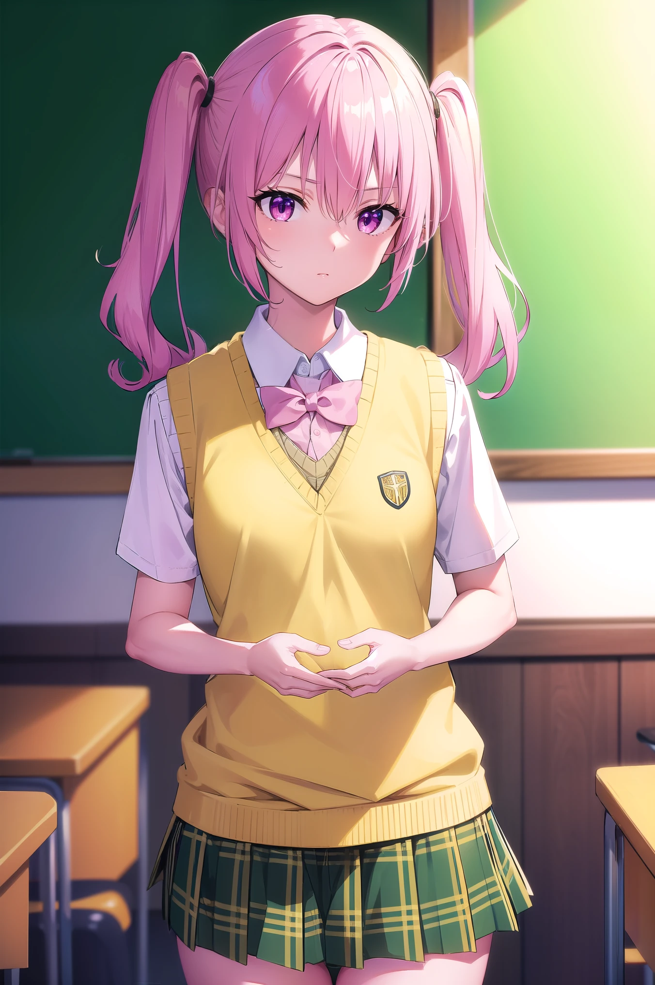 nanadeviluke,  asta deviluke, long hair, (pink eyes:1.5), pink hair, tail, twintails, (flat chest:1.2), sitting 
BREAK green skirt, plaid, plaid skirt, panties , ainan high school uniform, school uniform, skirt, shirt, white shirt, sweater vest, (yellow sweater vest:1.5), short sleeves, leg up, panties showing, white panties,
BREAK indoors, classroom,
BREAK looking at viewer, (cowboy shot:1.5),
BREAK (masterpiece:1.2), best quality, high resolution, unity 8k wallpaper, (illustration:0.8), (beautiful detailed eyes:1.6), extremely detailed face, perfect lighting, extremely detailed CG, (perfect hands, perfect anatomy),