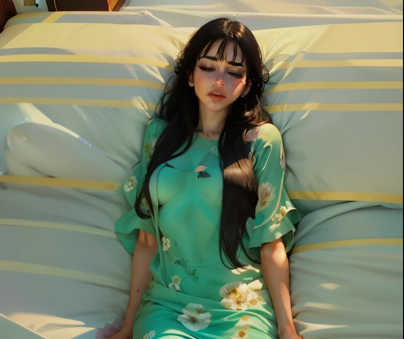 1 beautiful woman, lying on a bed, beautiful body, eyelids painted, eyes outlined, mouth drooling, makeup woman, body sweating, sleeping with her mouth open, sleeping in bed, wearing a bikini, eyes closed, mouth is wide open , resembling actress Monica Bellucci