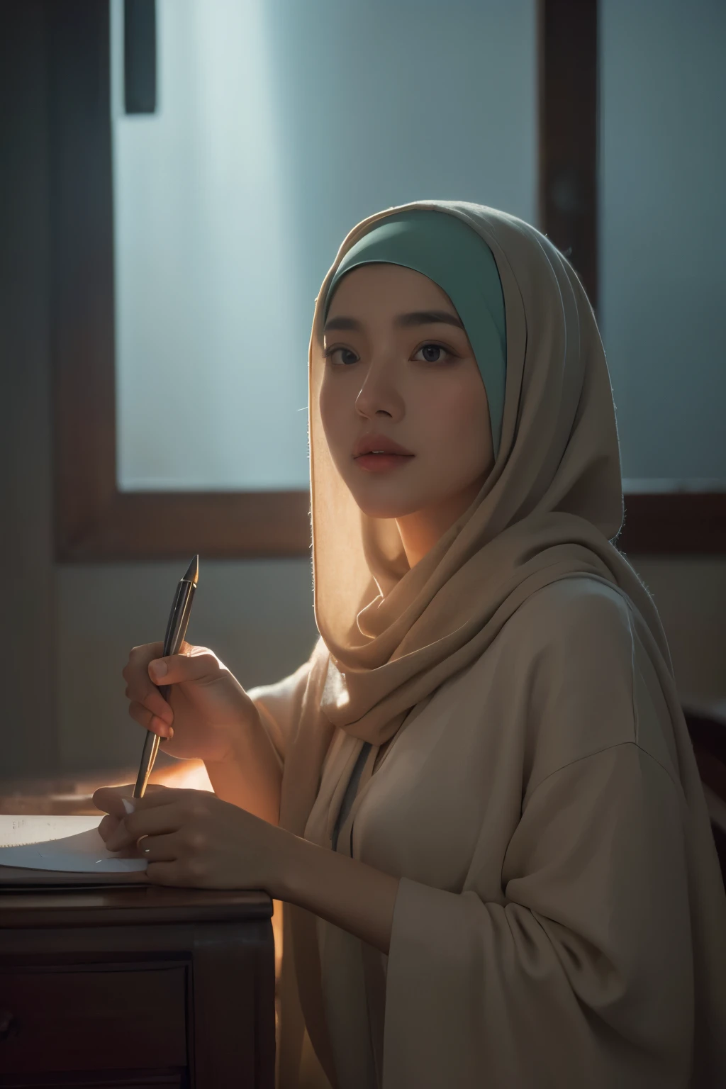 a matured malay woman in the style of nocturne, wearing hijab, dreamy atmosphere, dark cyan and red, i can't believe how beautiful this is, serene atmosphere, piles/stacks, flickering light, epic realistic, broken old boat in big storm, illustrated by herg, style of tin tin comics, pen and ink,art by greg rutkowski and artgerm, soft cinematic light, (depth of field:1.4), faded, (neutral colors:1.2), (muted colors:1.2), (artstation:1.4), cinematic, warm lights, dramatic light, complex background, (rutkowski:0.66), (teal and orange:0.4), hdr, (intricate details, hyperdetailed:1.15) (skin texture:1.2)