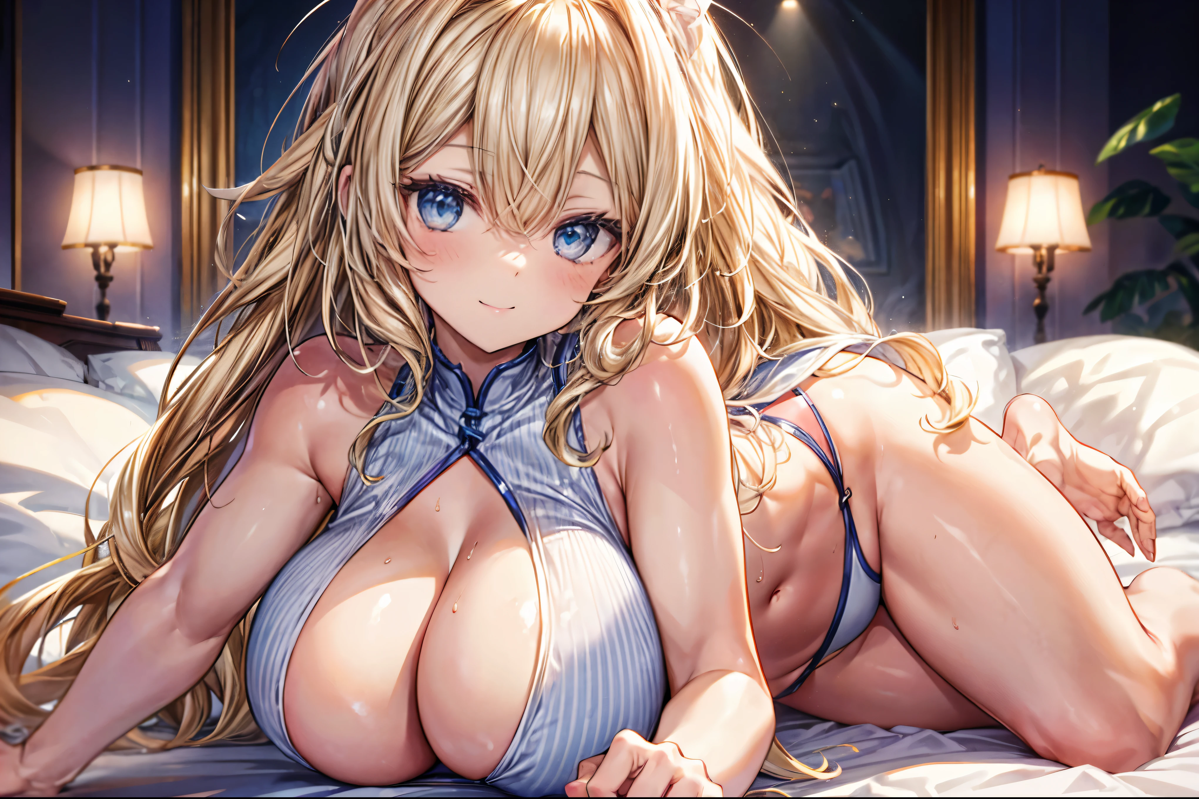 sensual, ((long blonde curly hair)), thick thighs, 8k, 4k, highest quality, High resolution:1.2), cute anime face, noise reduction, ((shining blue eyes, gentle smile, kind eyes))、toned abdominal muscles, muscular arms, muscular legs,  young face, anime eyes, (((big breasts、A  that is about to burst)))、(((whole body)))、Wearing a white high-leg cut leotard、please lie down on the bed