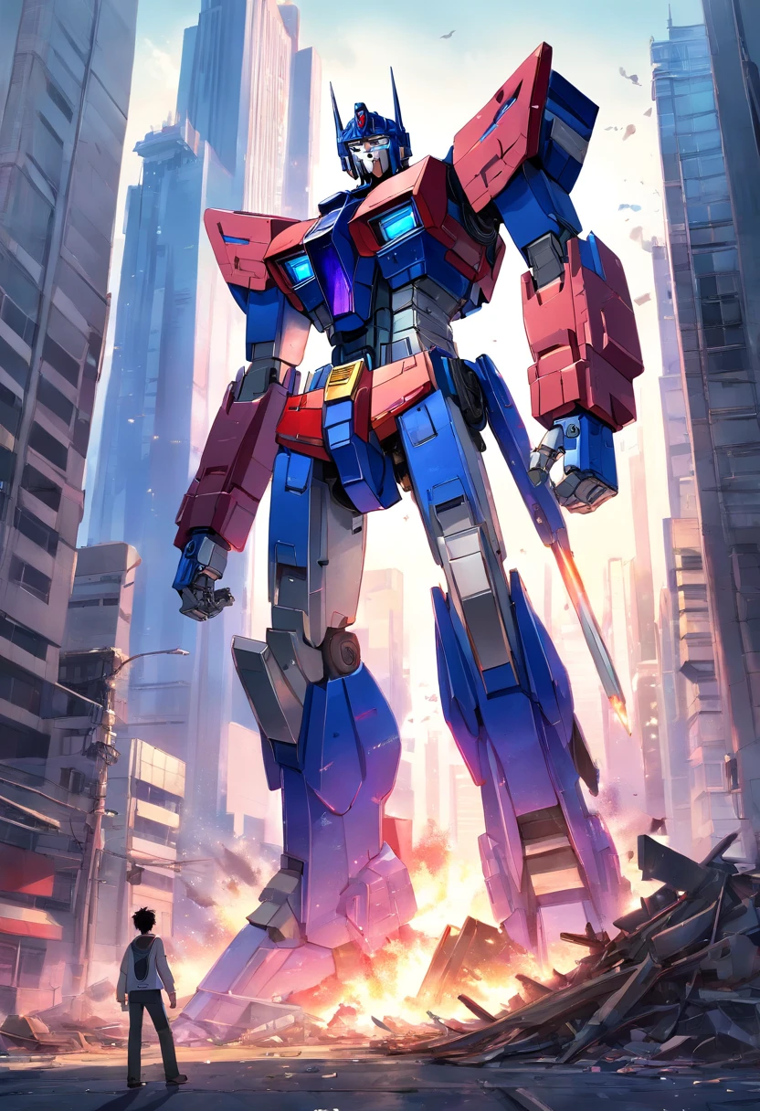 Optimus Prime holds the wreckage of the Unicorn Gundam in his hands with the sad background of high-rise buildings after World War II