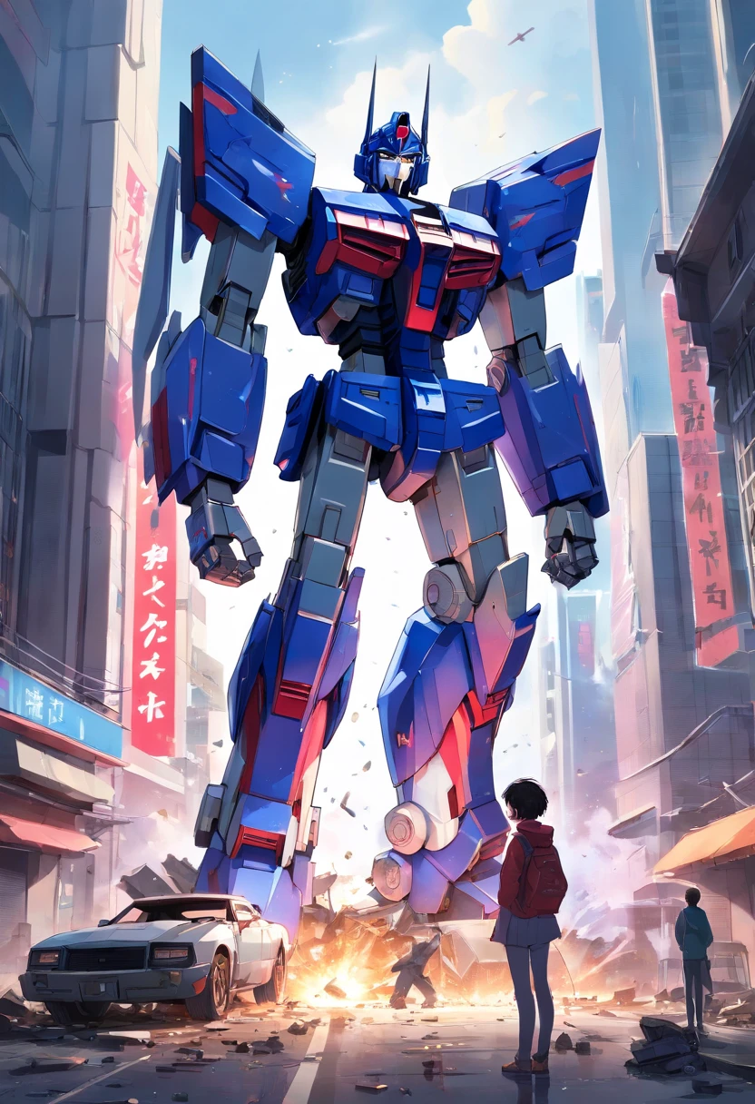 Optimus Prime holds the wreckage of the Unicorn Gundam in his hands with the sad background of high-rise buildings after World War II