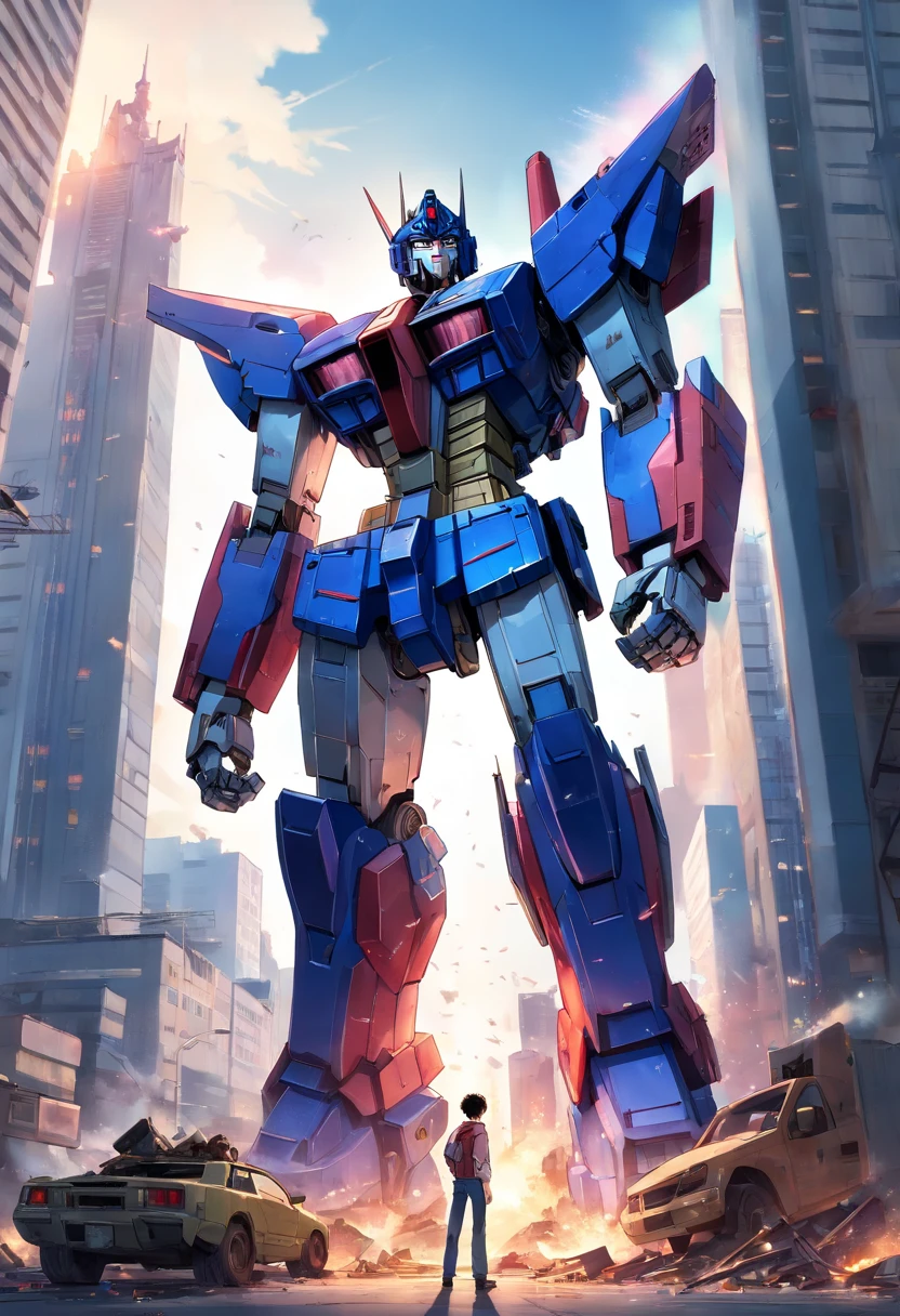 In the ruins of a World War II skyscraper, Optimus Prime holds the wreckage of a Unicorn Gundam in his hands. The atmosphere is filled with a sense of sadness and despair. The artwork is a masterpiece and captures the scene with the highest quality, featuring ultra-detailed elements such as the intricate details in Optimus Prime's face, the delicately rendered parts of the Unicorn Gundam, and the textures of the destroyed building. The colors are vivid and rich, enhancing the overall impact of the image. The lighting creates a dramatic effect, casting deep shadows and highlighting the emotions conveyed by the characters. The art style combines elements of action and realism, referencing the concept of war and the struggles faced by these iconic robots.