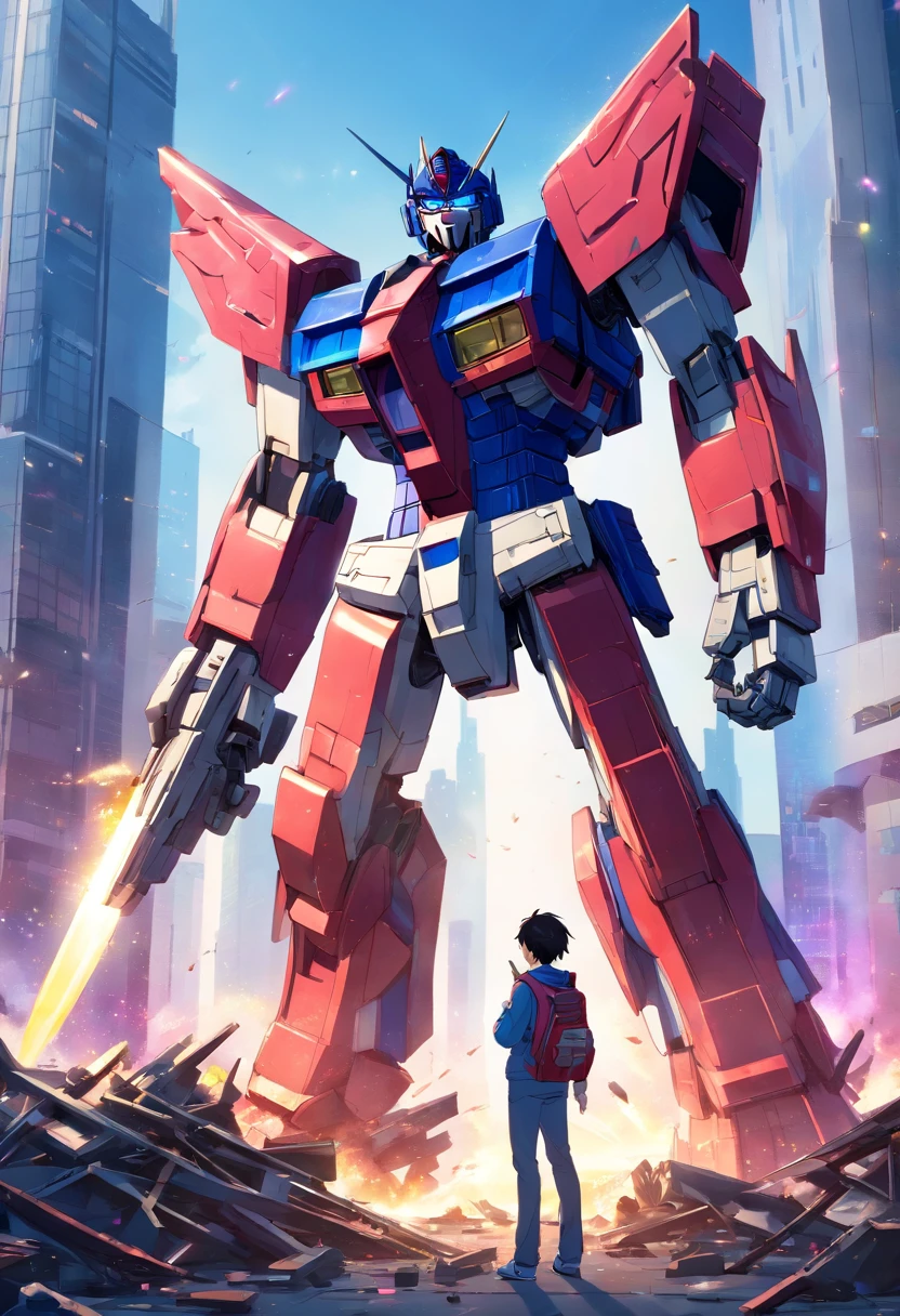 In the ruins of a World War II skyscraper, Optimus Prime holds the wreckage of a Unicorn Gundam in his hands. The atmosphere is filled with a sense of sadness and despair. The artwork is a masterpiece and captures the scene with the highest quality, featuring ultra-detailed elements such as the intricate details in Optimus Prime's face, the delicately rendered parts of the Unicorn Gundam, and the textures of the destroyed building. The colors are vivid and rich, enhancing the overall impact of the image. The lighting creates a dramatic effect, casting deep shadows and highlighting the emotions conveyed by the characters. The art style combines elements of action and realism, referencing the concept of war and the struggles faced by these iconic robots.