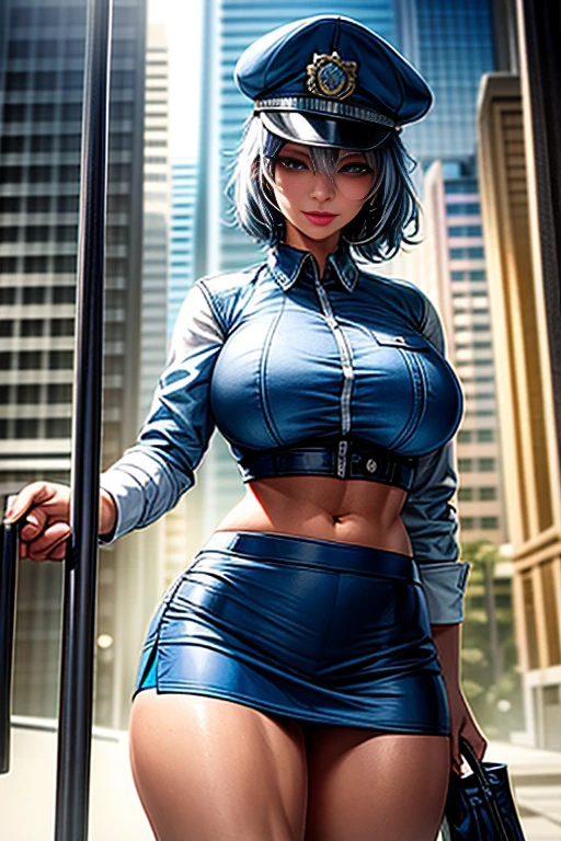Photo Quality, (Best Picture Quality:1.6), HDR,Realistic,Dense,High Resolution,night scene, 1Woman,fully clothed, Wearing headset, Ebony Skin,Smiling,Solo,Thick Lips,Pink Lipstick,Long Eyelashes,Pink Eyeshadow,Golden Ratio Body,High Waist,((Long Legs:1.(2))),F-Cup Bust,Slim waist,wide hips,big ass,(narrow face),jewelry,miscellaneous,((police uniform,police cap,short blue skirt:1.3)),silver hair,curly hair,short hair, Standing on street, moonlight, dynamic pose, ((cowboy shot:1.1))