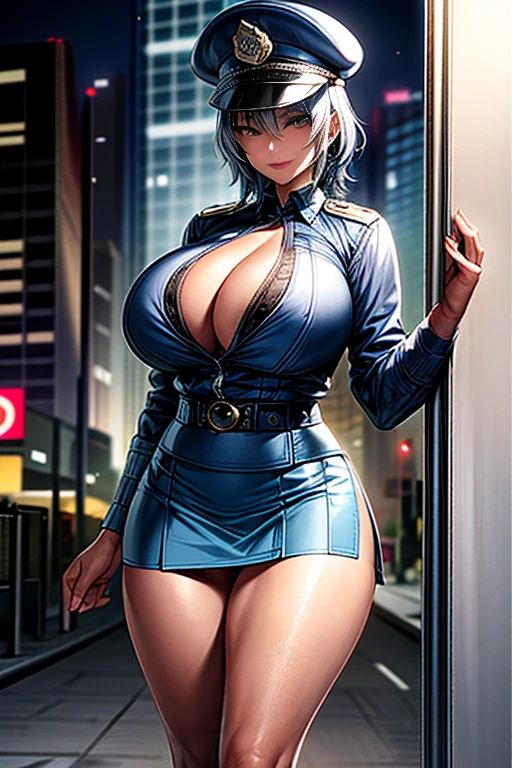 Photo Quality, (Best Picture Quality:1.6), HDR,Realistic,Dense,High Resolution,night scene, 1Woman,fully clothed, Wearing headset, Ebony Skin,Smiling,Solo,Thick Lips,Pink Lipstick,Long Eyelashes,Pink Eyeshadow,Golden Ratio Body,High Waist,((Long Legs:1.(2))),F-Cup Bust,Slim waist,wide hips,big ass,(narrow face),jewelry,miscellaneous,((police uniform,police cap,short blue skirt:1.3)),silver hair,curly hair,short hair, Standing on street, moonlight, dynamic pose, ((cowboy shot:1.1))