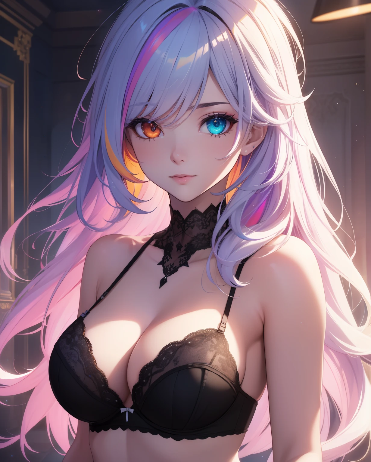 {{masterpiece}}, best quality, extremely detailed CG unity 8k wallpaper, cinematic lighting, lens flare, beautiful detail eyes, black, lingerie, white lace bra, multicolor hair, colorful light, particles, heterochromia, (colorful:1.5), (colorful hair:1.5)