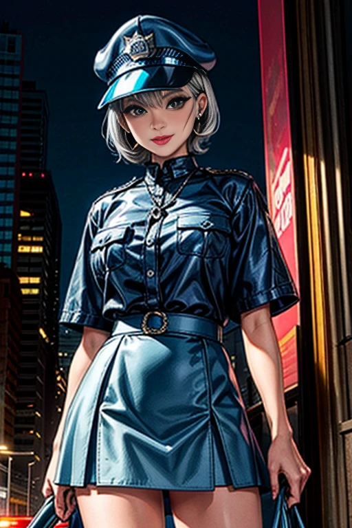 Photo Quality, (Best Picture Quality:1.6), HDR,Realistic,Dense,High Resolution,night scene, 1Woman,fully clothed, Wearing headset, Ebony Skin,Smiling,Solo,Thick Lips,Pink Lipstick,Long Eyelashes,Pink Eyeshadow,Golden Ratio Body,High Waist,((Long Legs:1.(2))),F-Cup Bust,Slim waist,wide hips,big ass,(narrow face),jewelry,miscellaneous,((police uniform,police cap,short blue skirt:1.3)),silver hair,curly hair,short hair, Standing on street, moonlight, dynamic pose, ((cowboy shot:1.1))