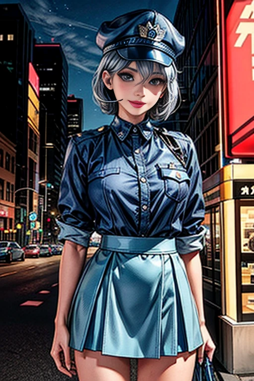 Photo Quality, (Best Picture Quality:1.6), HDR,Realistic,Dense,High Resolution,night scene, 1Woman,fully clothed, Wearing headset, Ebony Skin,Smiling,Solo,Thick Lips,Pink Lipstick,Long Eyelashes,Pink Eyeshadow,Golden Ratio Body,High Waist,((Long Legs:1.(2))),F-Cup Bust,Slim waist,wide hips,big ass,(narrow face),jewelry,miscellaneous,((police uniform,police cap,short blue skirt:1.3)),silver hair,curly hair,short hair, Standing on street, moonlight, dynamic pose, ((cowboy shot:1.1))