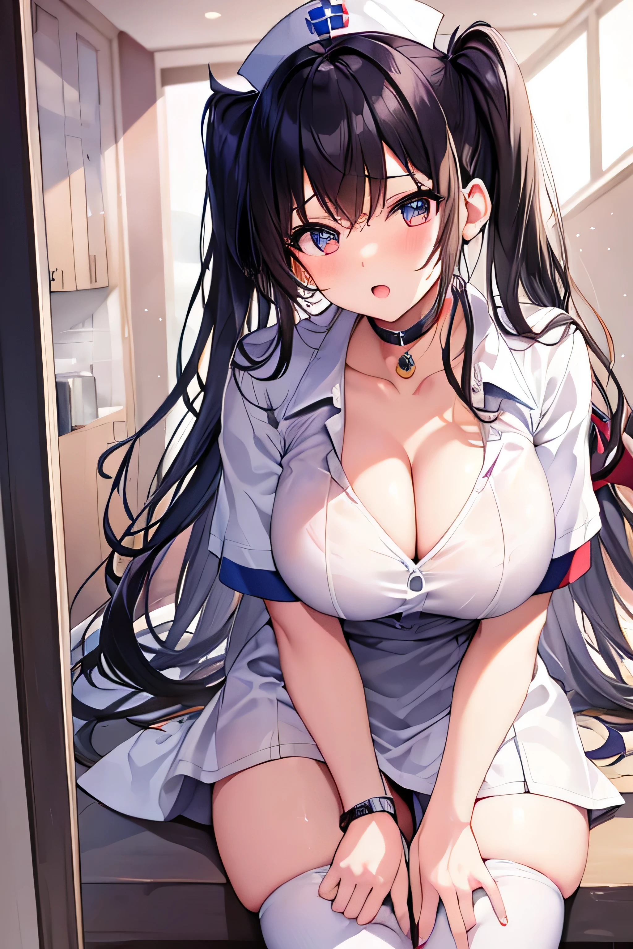 masterpiece、best image quality、ultra high resolution、 girl with big breasts、twin tail hairstyle、black hair、red face、shyly、mock、Open your mouth just a little、A short-sleeved white nurse uniform that shows the cleavage of a teenage girl、white thigh high socks for teenage girls、well-shaped lower body、Inside the hospital