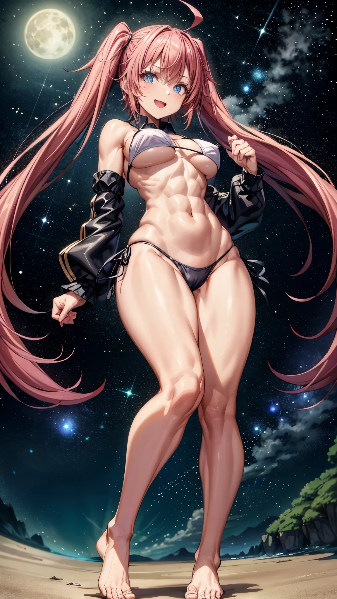 1 garota, (medium breasts))), (((wearing a short bikini))), (Cabelo rosa comprido), (((olhos azuis))), thin arms, (on the beach at night with starry sky and full moon blood), (cintura fina), (((barriga leguscular muscular, bare feet showing her big ass))), (foto de corpo inteiro), (twintails), olhos longos, reflexo ocular , Mau humor, anime, estilo anime, rastreamento de raios, reflection, sombra projetada, panorama, Sony FE, 8K, UDisk, obra de arte, Preciso, anatomicamente correto, Super detalhe, melhor qualidade, ultra-high resolution, hard disk, 16K