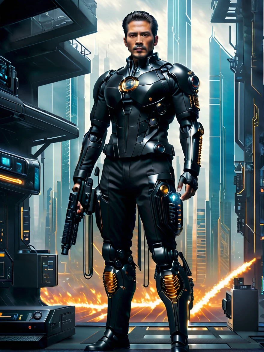 (A man in a stylish black suit:1.5),A futuristic agent equipped with exquisite weapons and equipment,The agent stood firm.,Be prepared,Showcasing a variety of high-tech equipment that is seamlessly integrated into the garments。The background should suggest a future urban landscape,Advanced technology and architecture visible。Agent's equipment includes innovative and advanced gadgets and weapons,Highlighting the advanced nature of the world they live in。The overall image should convey a sense of mystery、A sense of sophistication and cutting-edge technology。