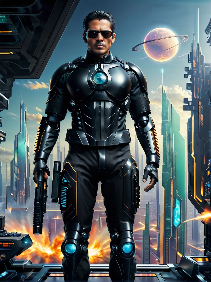 (A man in a stylish black suit:1.5),A futuristic agent equipped with exquisite weapons and equipment,The agent stood firm.,Be prepared,Showcasing a variety of high-tech equipment that is seamlessly integrated into the garments。The background should suggest a future urban landscape,Advanced technology and architecture visible。Agent's equipment includes innovative and advanced gadgets and weapons,Highlighting the advanced nature of the world they live in。The overall image should convey a sense of mystery、A sense of sophistication and cutting-edge technology。