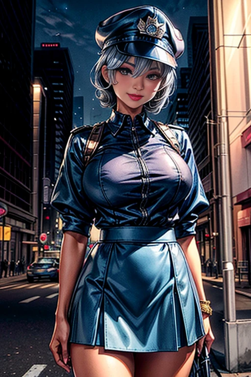 Photo Quality, (Best Picture Quality:1.6), HDR,Realistic,Dense,High Resolution,night scene, 1Woman,fully clothed, Wearing headset, Ebony Skin,Smiling,Solo,Thick Lips,Pink Lipstick,Long Eyelashes,Pink Eyeshadow,Golden Ratio Body,High Waist,((Long Legs:1.(2))),F-Cup Bust,Slim waist,wide hips,big ass,(narrow face),jewelry,miscellaneous,((police uniform,police cap,short blue skirt:1.3)),silver hair,curly hair,short hair, Standing on street, moonlight, dynamic pose, ((cowboy shot:1.1))