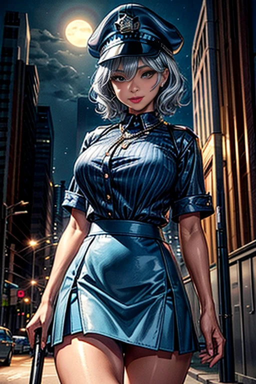Photo Quality, (Best Picture Quality:1.6), HDR,Realistic,Dense,High Resolution,night scene, 1Woman,fully clothed, Wearing headset, Ebony Skin,Smiling,Solo,Thick Lips,Pink Lipstick,Long Eyelashes,Pink Eyeshadow,Golden Ratio Body,High Waist,((Long Legs:1.(2))),F-Cup Bust,Slim waist,wide hips,big ass,(narrow face),jewelry,miscellaneous,((police uniform,police cap,short blue skirt:1.3)),silver hair,curly hair,short hair, Standing on street, moonlight, dynamic pose, ((cowboy shot:1.1))