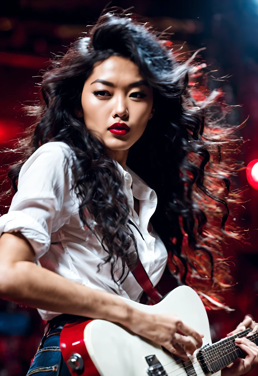 A beautiful Asian girl plays the guitar crazily, Messy extra long black curly hair, beautiful red lips, high end white shirt, skinny jeans, beautiful red high heels, （sit on a high stool）, fender fender guitar, dynamic action (The fragrance sandwiched between the strings: 0.65), Background night bar