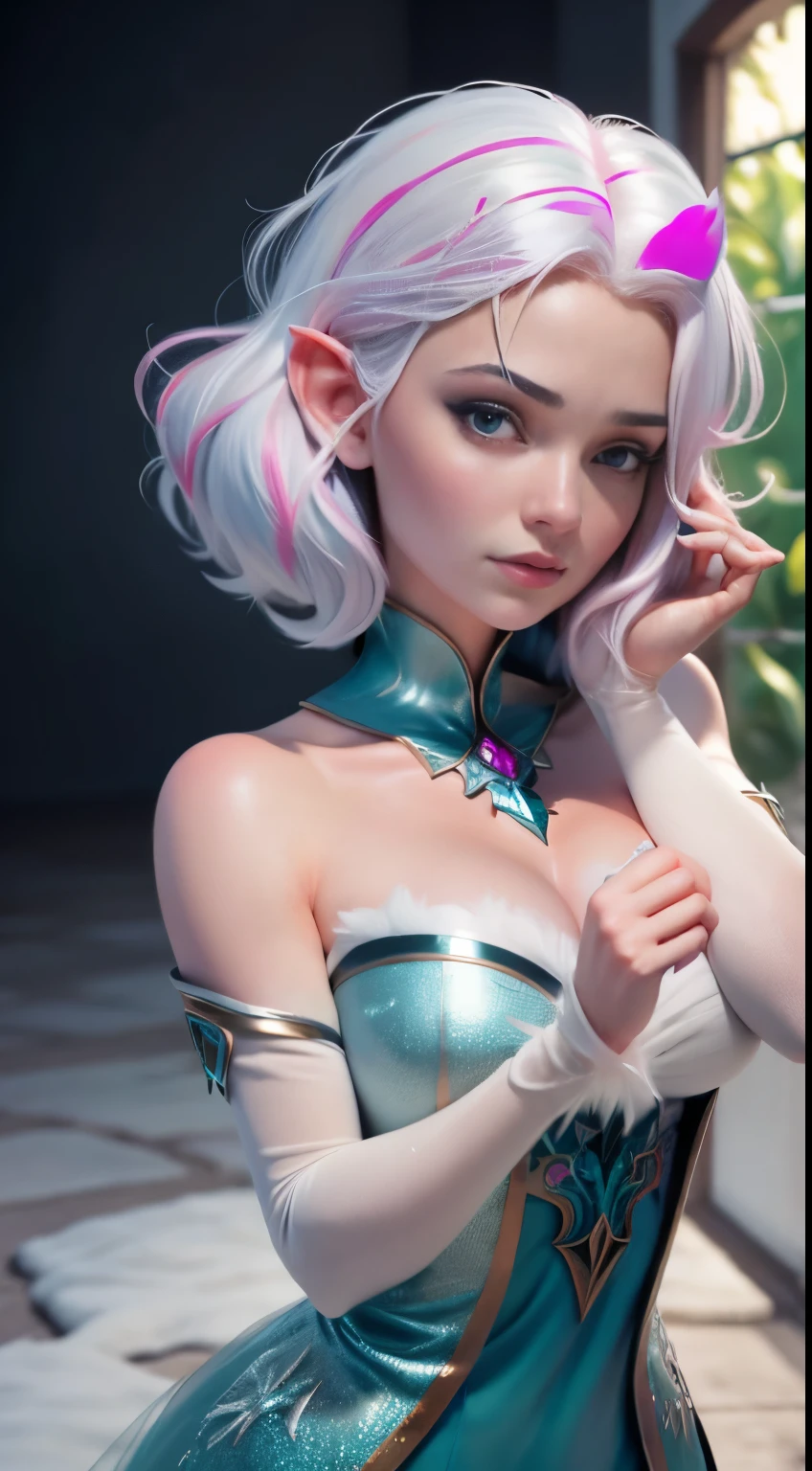 Elfgirl (Komi-san-Elsa frozen Disney  mezclando modelos .) (ultra FUSION of white and pink hair) Highly detailed CG unity 8k wallpaper, style shot, complex, high detail, dramatic, highest quality movie still image, very detailed, masterpiece, best quality, character design, Elsa, Elsa from Frozen,Komi-san fusion (( Dark style)), realistic ultra-detailed rendering style, natural light, sharp character design, (hard focus, 8k), (((natural skin texture))), 8k textures, soft cinematic lighting, adobe lightroom, dark room, hdr, Sophisticated, Elegant, Rich Detail, Sharp Focuilm Look) )), Soothing Tones, Detail Frenzy, Intricate Detail, Super Detail, Low Contrast, Soft Film Lighting, Dull Colors, Exposure Blending, HDR, Fade, 35mm, f/1.4, ISO64, f16, 25 sec.