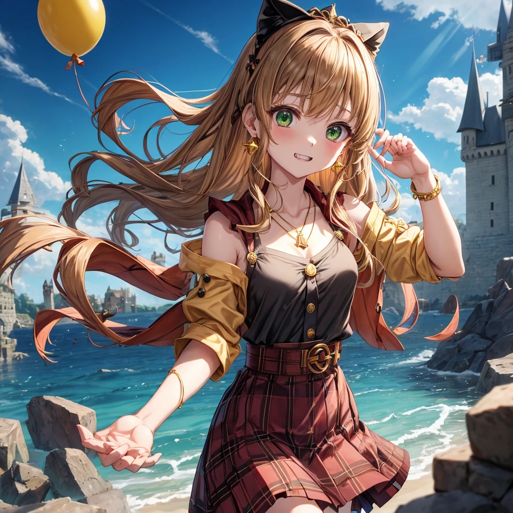 reddish-brown blonde、green eyes、one good looking girl、solo、anime、plaid mini skirt、the skirt has buttons、camisole、black t-shirt、dress、wearing a ribbon、ribbon at waist、cloak、hood、clouds are swirling、stone slabs are piled up、one hand raised、crystal earrings、sun、gold coins are falling、teeth are visible、splash of water、monster castle、have a world map、ceiling、golden key、balloon、jewelry necklace、tiara