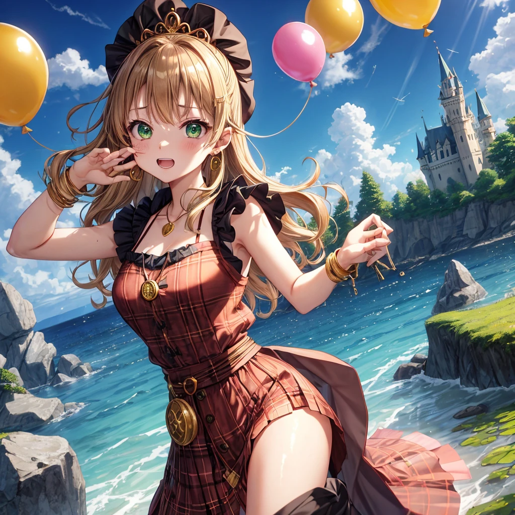 reddish-brown blonde、green eyes、one good looking girl、solo、anime、plaid mini skirt、the skirt has buttons、camisole、black t-shirt、dress、wearing a ribbon、ribbon at waist、cloak、hood、clouds are swirling、stone slabs are piled up、one hand raised、crystal earrings、sun、gold coins are falling、teeth are visible、splash of water、monster castle、have a world map、ceiling、golden key、balloon、jewelry necklace、tiara