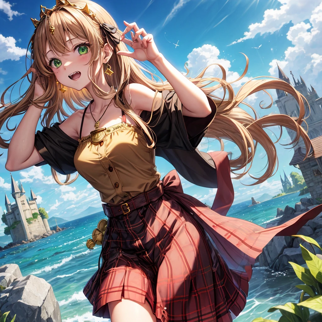 reddish-brown blonde、green eyes、one good looking girl、solo、anime、plaid mini skirt、the skirt has buttons、camisole、black t-shirt、dress、wearing a ribbon、ribbon at waist、cloak、hood、clouds are swirling、stone slabs are piled up、one hand raised、crystal earrings、sun、gold coins are falling、teeth are visible、splash of water、monster castle、have a world map、ceiling、golden key、balloon、jewelry necklace、tiara