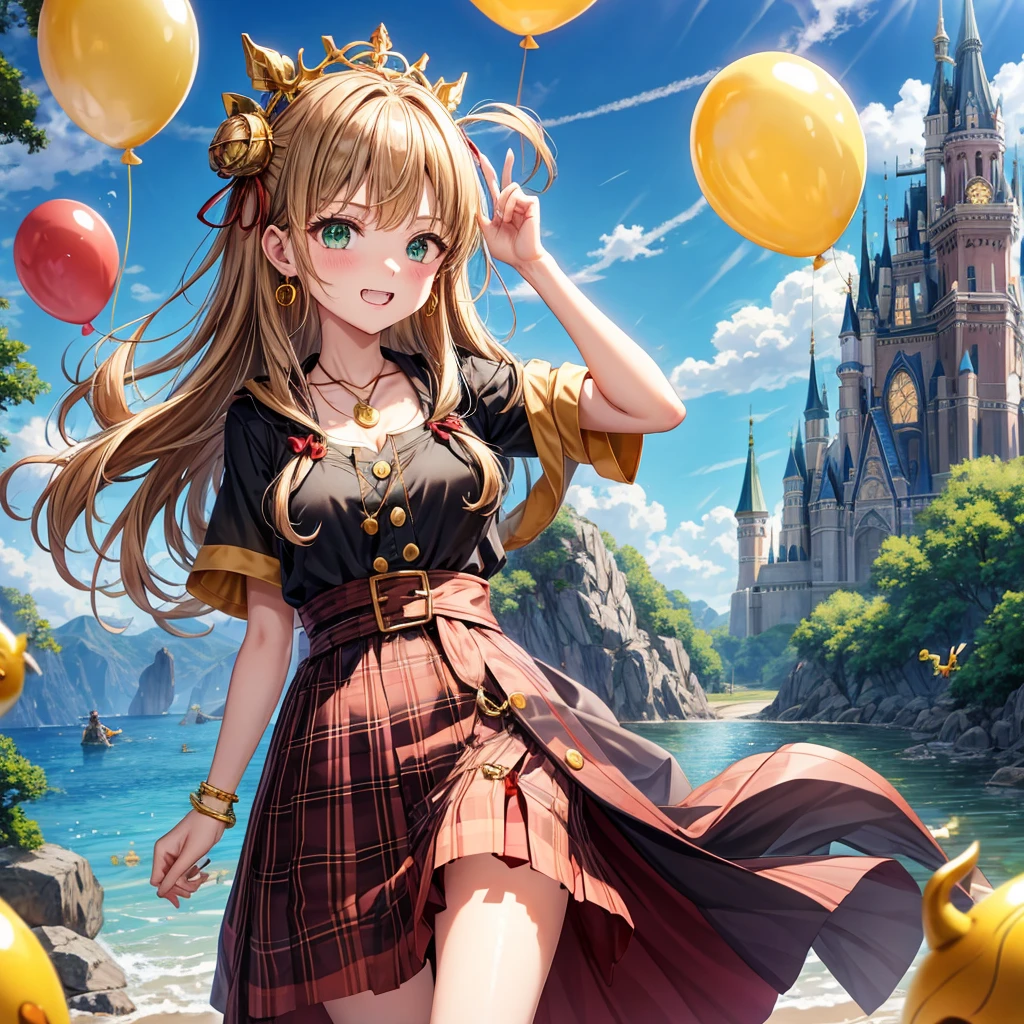 reddish-brown blonde、green eyes、one good looking girl、solo、anime、plaid mini skirt、the skirt has buttons、camisole、black t-shirt、dress、wearing a ribbon、ribbon at waist、cloak、hood、clouds are swirling、stone slabs are piled up、one hand raised、crystal earrings、sun、gold coins are falling、teeth are visible、splash of water、monster castle、have a world map、ceiling、golden key、balloon、jewelry necklace、tiara