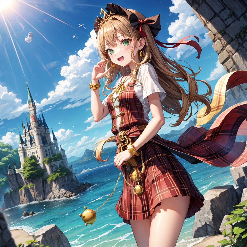 reddish-brown blonde、green eyes、one good looking girl、solo、anime、plaid mini skirt、the skirt has buttons、camisole、black t-shirt、dress、wearing a ribbon、ribbon at waist、cloak、hood、clouds are swirling、stone slabs are piled up、one hand raised、crystal earrings、sun、gold coins are falling、teeth are visible、splash of water、monster castle、have a world map、ceiling、golden key、balloon、jewelry necklace、tiara