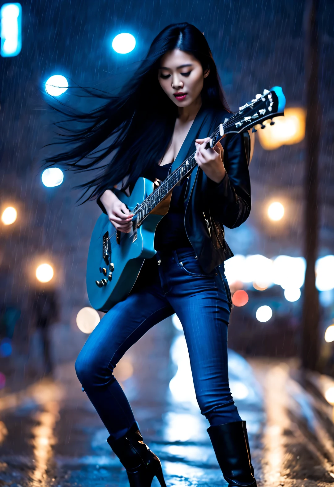(A beautiful Asian girl plays the guitar crazily), Extra long black straight hair, High end black turtleneck tights, skinny jeans, Beautiful blue high heels, fender fender guitar, dynamic action, (The fragrance sandwiched between the strings: 0.65), background: A street on a rainy night