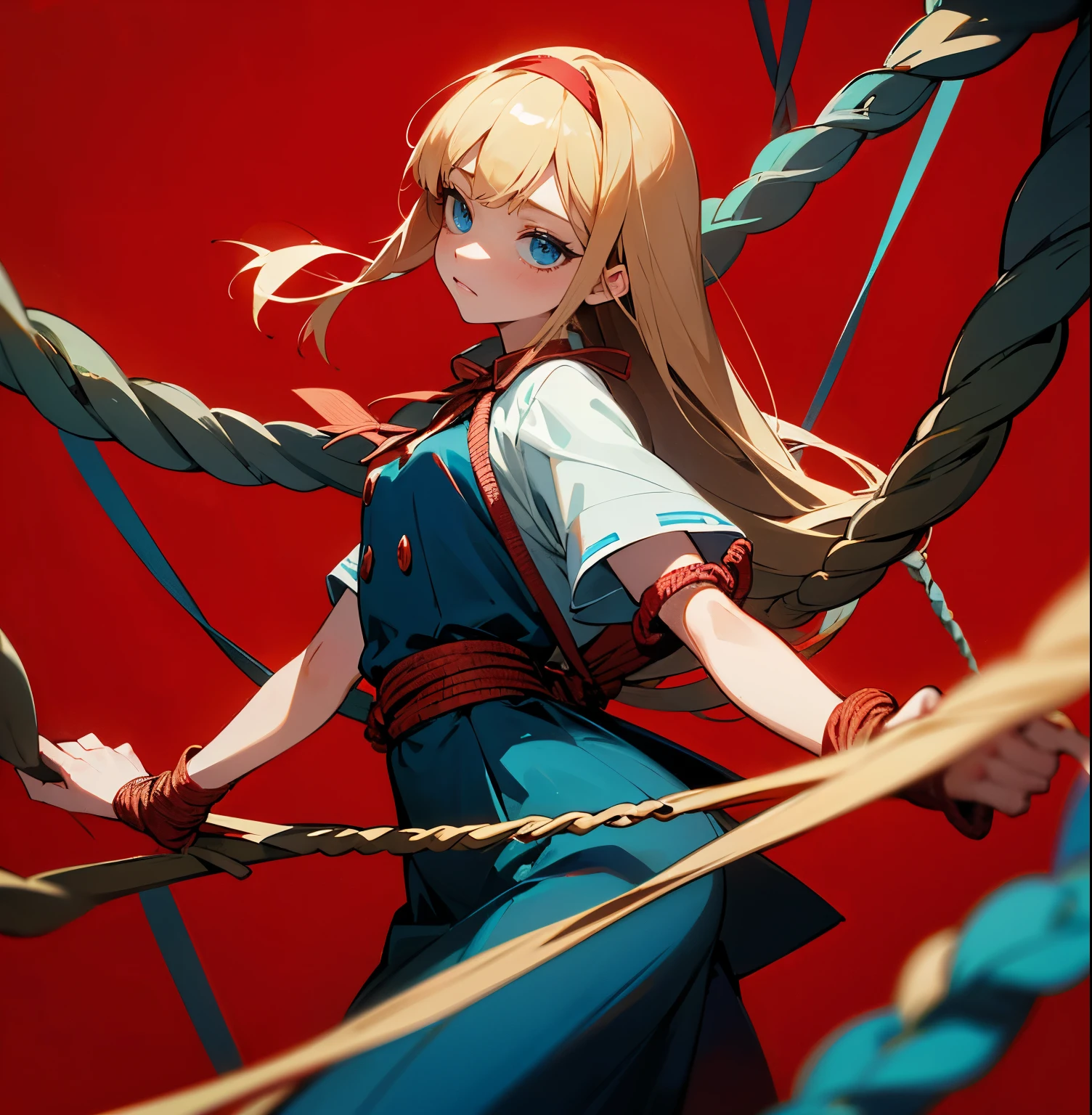 a girl，Her limbs were entangled with ropes，Lifted by a rope，Poker face，dim eyes，Like a puppet without a soul，red background，Lots of ropes wrapped around her from all sides，long blonde hair，blue eyes，Alice