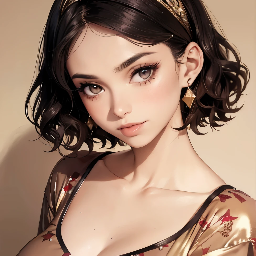 (A photo of upper body), Beautiful face, Highly detailed face and skin texture, (Detailed eyes), Brown eyes, Double eyelids, Thin eyebrows, Glitter eyeliner: 1.2, Natural cheeks, Shiny skin, Fair skin, (((wearing pajamas))), Glitter necklace and earrings, (Shiny lips: 1. 4), (Seductive smile), (20 years old), (Wavy hair, Diagonal bangs), Short hair, Headband, ((Upper body shot)), ((Focus on chest and face)), Medium large breasts, Upturned breasts.