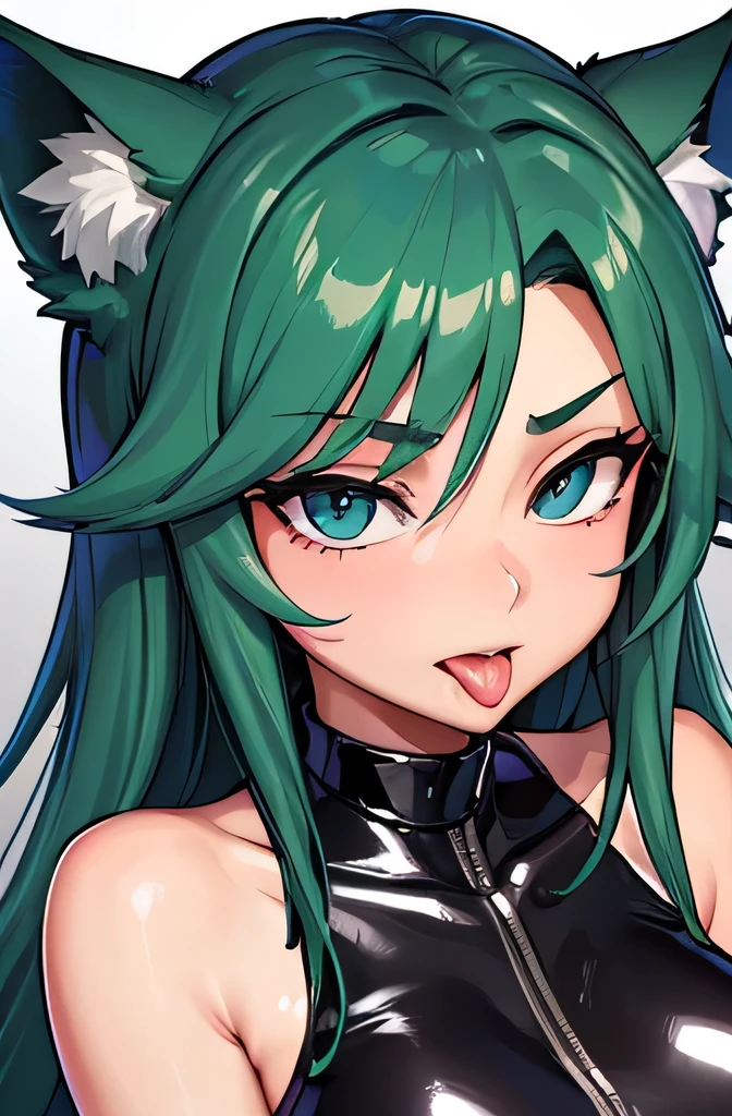 female fox, (masterpiece), best high quality, (extremely become familiar with face), extremely become familiar with eyes, perfect lighting, overall details, become familiar with, deep skin, slicked back hair, long hair, green hair, type of eyes, slicked back hair, elbow bag, open your mouth, tongue, alone, looking at the viewer, one hand, tongue out, verbal invitation, lifting shirt, nipple, saliva, saliva trail, drooling, mouth focus, latex suit, spy lady, wearing tight latex suits, high quality, Super high quality, Highly detailed CG Unity 8k wallpaper, High resolution, very wet tongue, longue tongue, close your mouth, vivid tongue, Shiny drool, shiny tongue, close up face, bondage suit, shiny bondage, cool girl, dog girl, cat girl