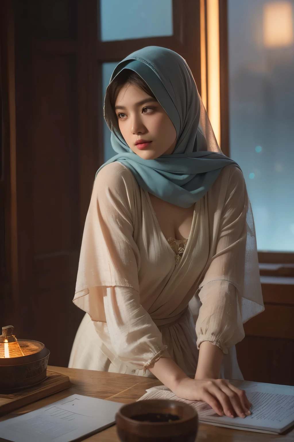 a matured malay woman in the style of nocturne, wearing hijab, dreamy atmosphere, dark cyan and red, i can't believe how beautiful this is, serene atmosphere, piles/stacks, flickering light, epic realistic, broken old boat in big storm, illustrated by herg, style of tin tin comics, pen and ink,art by greg rutkowski and artgerm, soft cinematic light, (depth of field:1.4), faded, (neutral colors:1.2), (muted colors:1.2), (artstation:1.4), cinematic, warm lights, dramatic light, complex background, (rutkowski:0.66), (teal and orange:0.4), hdr, (intricate details, hyperdetailed:1.15) (skin texture:1.2)