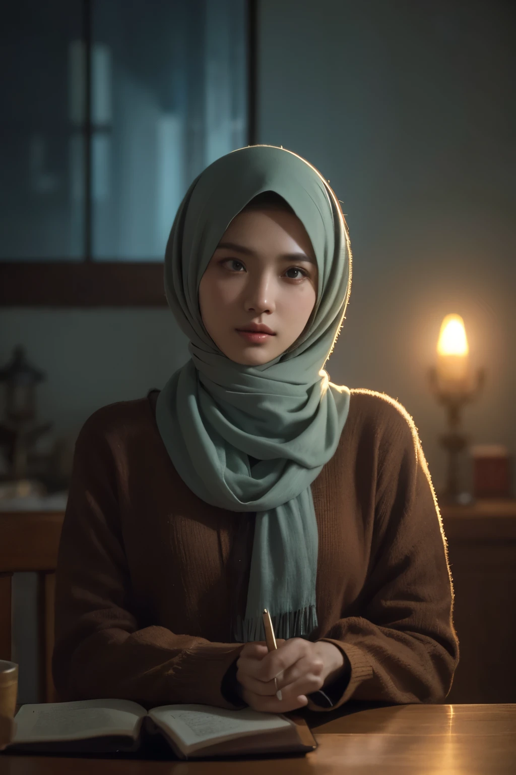 a matured malay woman in the style of nocturne, wearing hijab, dreamy atmosphere, dark cyan and red, i can't believe how beautiful this is, serene atmosphere, piles/stacks, flickering light, epic realistic, broken old boat in big storm, illustrated by herg, style of tin tin comics, pen and ink,art by greg rutkowski and artgerm, soft cinematic light, (depth of field:1.4), faded, (neutral colors:1.2), (muted colors:1.2), (artstation:1.4), cinematic, warm lights, dramatic light, complex background, (rutkowski:0.66), (teal and orange:0.4), hdr, (intricate details, hyperdetailed:1.15) (skin texture:1.2)