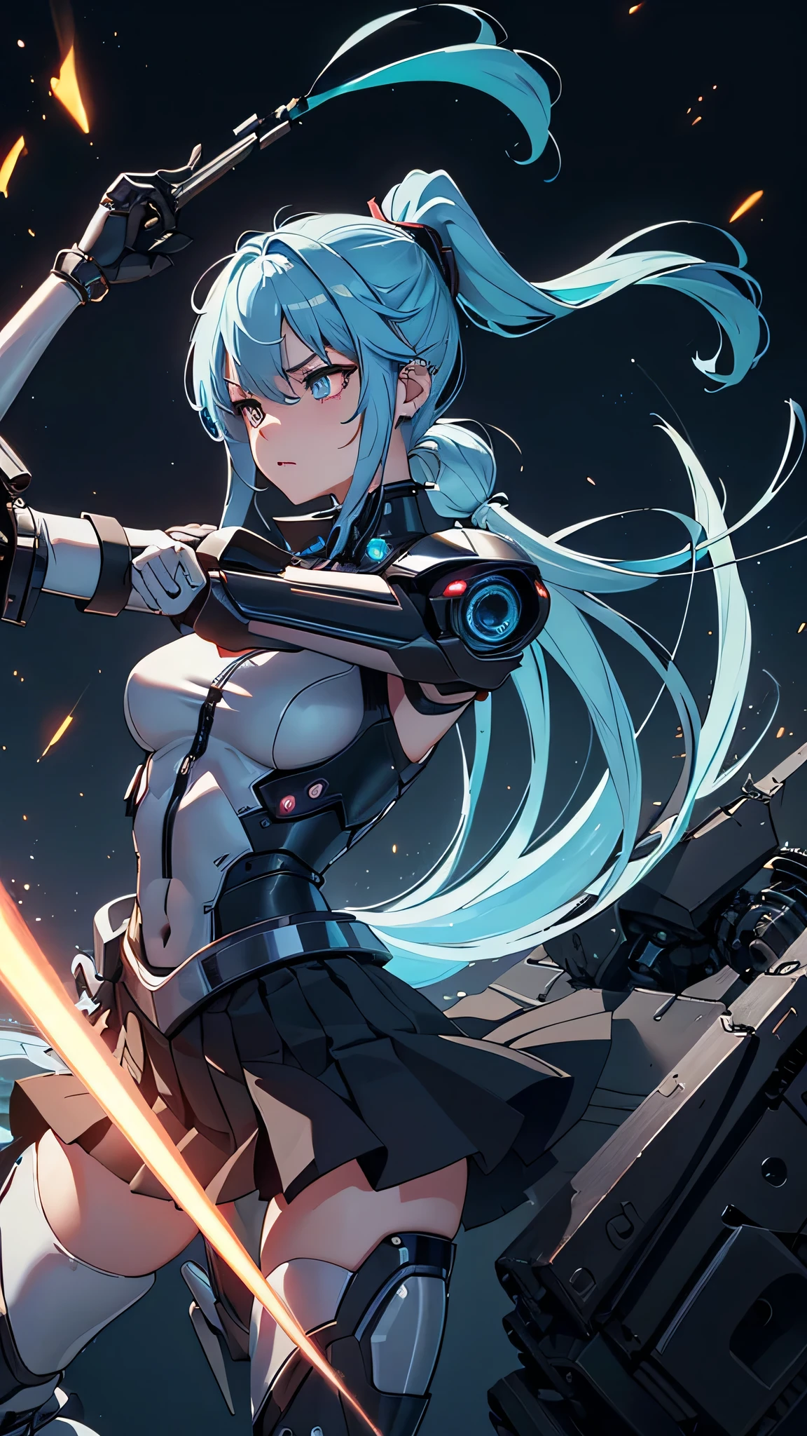 最high quality、best image quality、masterpiece、girl((cyborg、20-year-old、 By becoming、vest bust、medium bust,wide open breast tea、shining eyes, light blue hair、long hair、thin,highest valley、ponytail、robot body、Machine body、half-backed posture、floating state、mechanical sword、sharp mechanical wings、shiny boots、black underwear、black skirt、discharge from the whole body,)),high quality、beautiful art、background((Near future、Machine area、energy field))、Flight、debris flies、Depth of written boundary、movie、visual art、perfect art、8k,genuine、