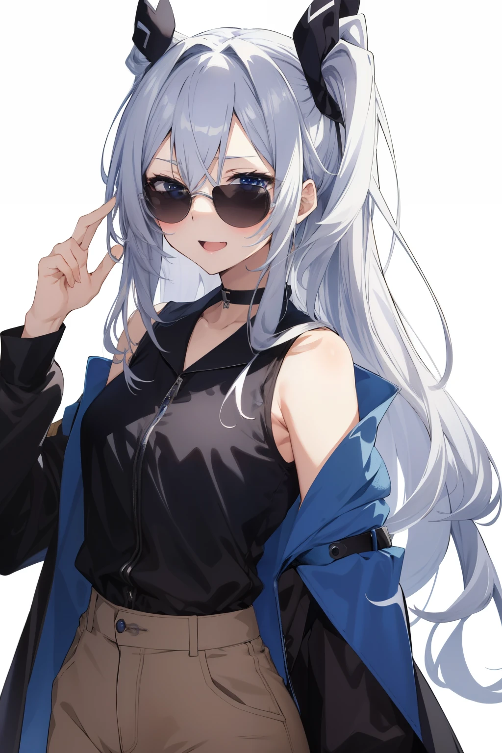 8K, masterpiece, best quality, high quality, anime girl, silver long hair, wide blue white detailed eyes, blushing, laughing, black silk jacket:1.2, white sleeveless shoulders:1.2, long brown pants :1.3, cool pose, photoshoot style, sunglasses on hair, black choker