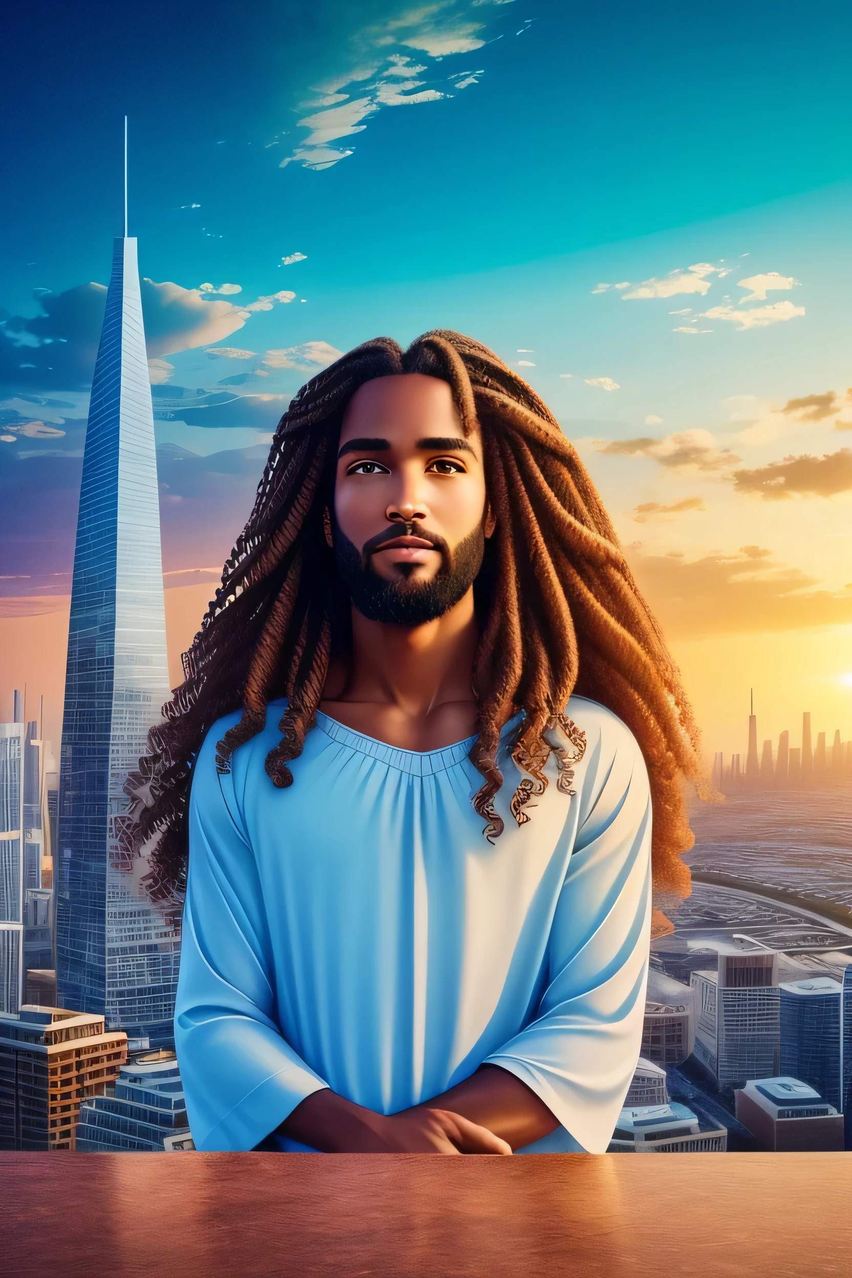 Um retrato cativante de Jesus,
Radiating divinity with your ethereal, tom de pele quente,
Ondas de cacheados, cabelo Marsala delicioso caindo em cascata,
Profundo, olhos comoventes cheios de sabedoria e conhecimento infinito,
Delicadamente colocado em um grande, edge of imposing building,
Examinando uma paisagem urbana expansiva abaixo,
Um radiante, sorriso radiante ilumina Seu refinado, recursos atemporais,
Set in a peaceful setting, Serene skies,
Nuvens banhadas em ricos, tons vibrantes,
Contrastes distintos de claro e escuro,
A symbol of redemption