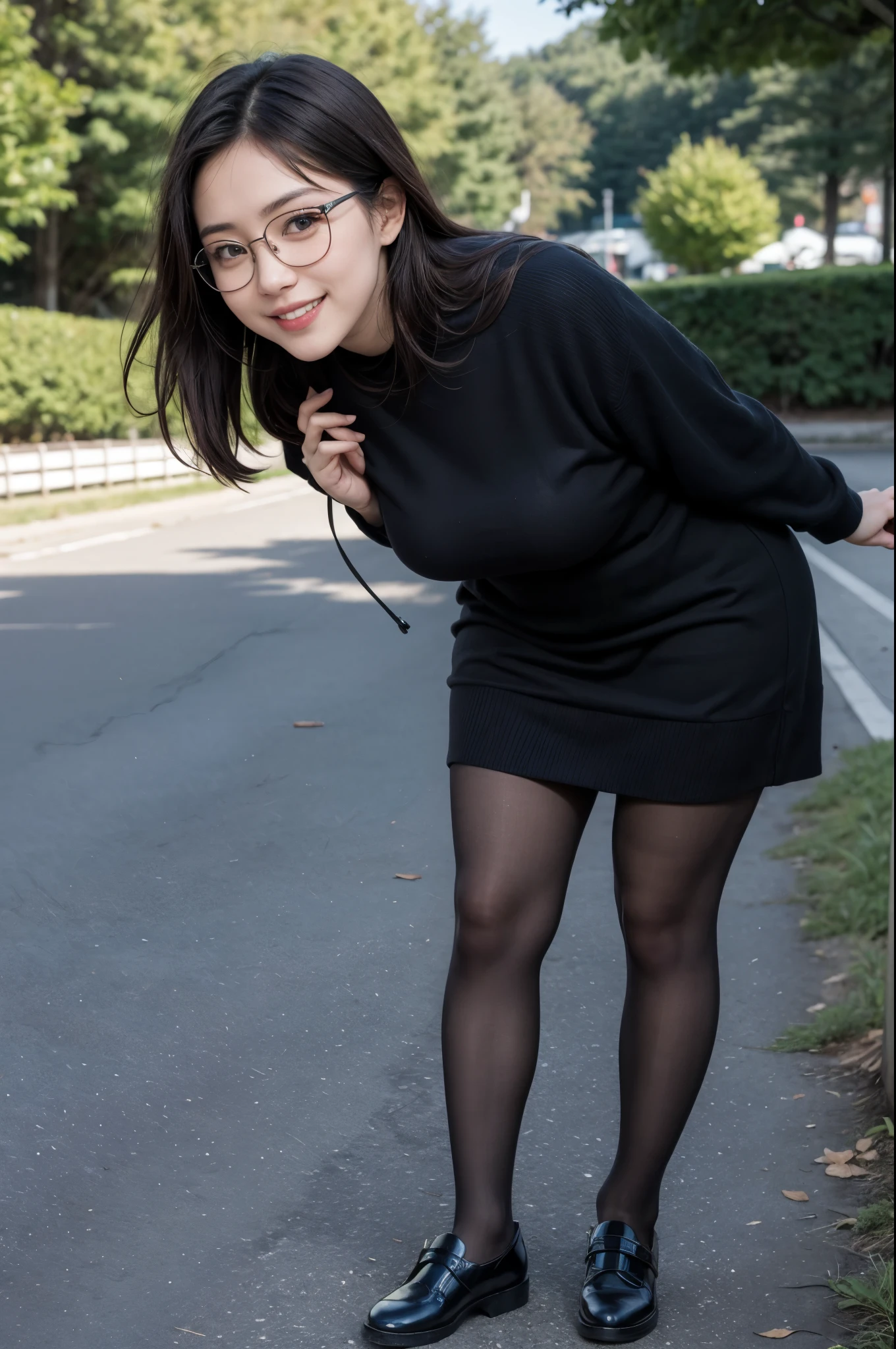 ulzzang-6500-v1.1, (RAW photo:1.2), (Photoreal), (genuine:1.4), (muste piece),  (Wearing spring town fashion)、A plain and quiet woman wearing glasses, with glasses, (super realistic pantyhose:1.3), Slightly chubby body type、thick glasses, Yoshitomo Nara, tits, japanese goddess, with glasses on, sexy girl,  Otaku-like appearance, big glasses, wore black glasses, Otaku-like, sexy gaze, (very affectionate smile:1.2)、 ((full body shot:1.16))、date in the park、Super realistic skin texture、shiny skin、