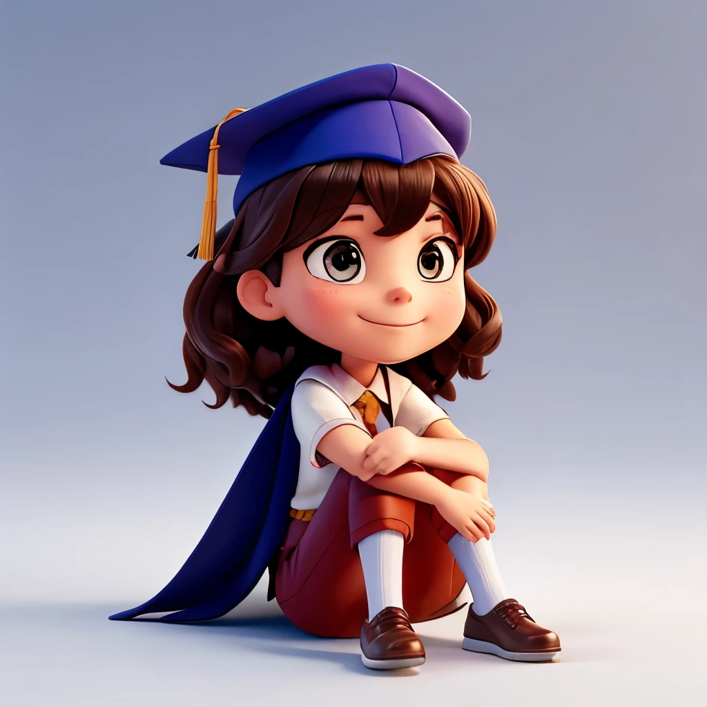 A female student sits wearing a graduation cap and expresses happiness. white background full body