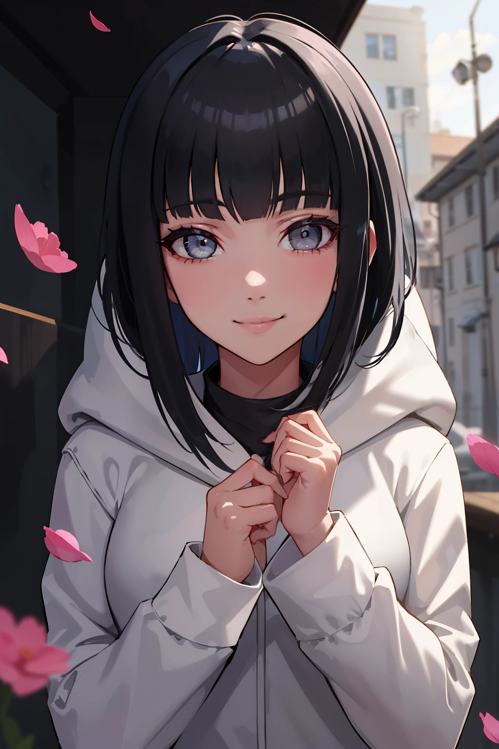 beautiful, masterpiece, best quality, extremely detailed face, perfect lighting, 1 girl, hinexista, hyuuga hinexista, Bangs, empty_Eye, Black_hair, blunt_Bangs, grey Eye, gray sleeves, scarf_About_neck, high resolution, Ji Qie, hooded_cardigan, long sleeves, watching_exist_audience, petal, Smile, alone, straight hair, Upper body, hooded jacket, Perfect body