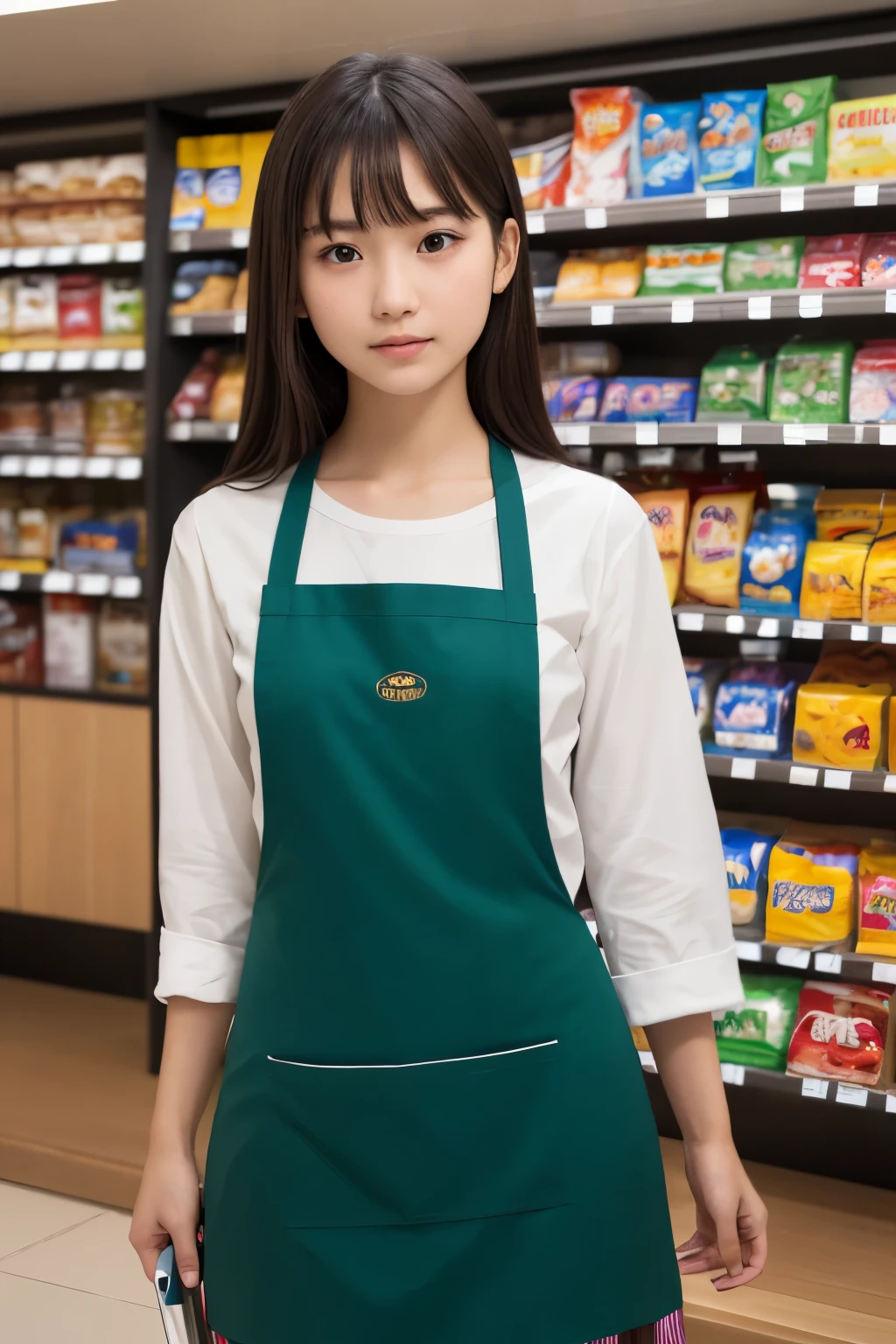 one girl, (a beauty girl, delicate girl:1.3), (15 years old, :1.3),歯を見せる笑顔
break, (shirt, green apron, family mart:1.3),巨乳
break, extremely fine-grained clarity, (symmetrical eyes:1.3),Plump thighs、full body figure、セミロングヘア
break, (Inside a convenience store:1.3), perfectly trimmed fingers,
break, small breasts, brown eyes, parted bangs, brown hair,  girl,
break, (Eye and face details:1.0),
break, (masterpiece, highest quality, super detailed, detailed face, 8k)