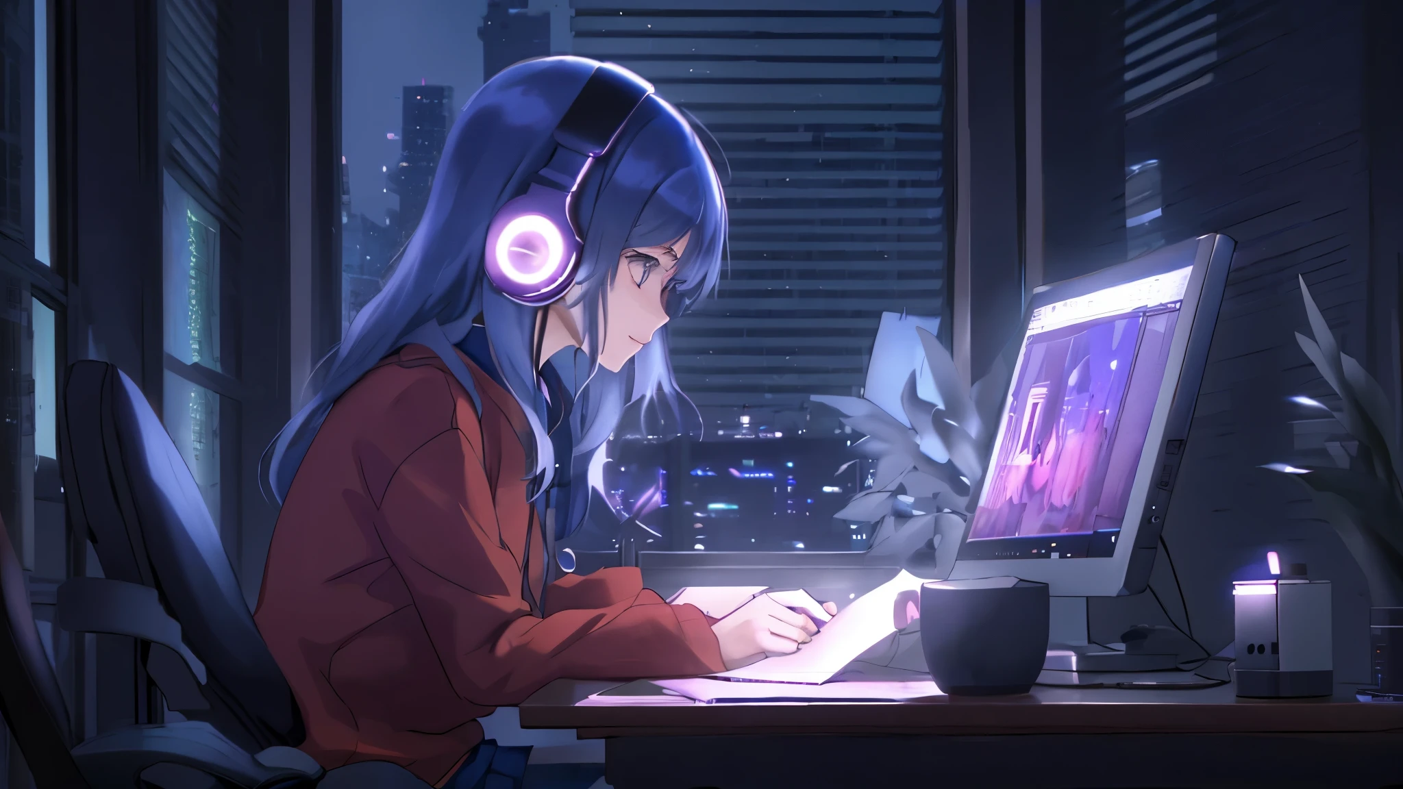 Anime girl wearing headphones and sitting at a desk and writing, lofi girl, Lofiatostyle, anime atmosphere, lofi girl aesthetic, Lofiato, Nightcore, portrait of lofi, anime aesthetics, Lofi feeling, Anime lovers, digital anime illustration, anime style 4k, lo fi art, listening to music at 2 am, anime picture