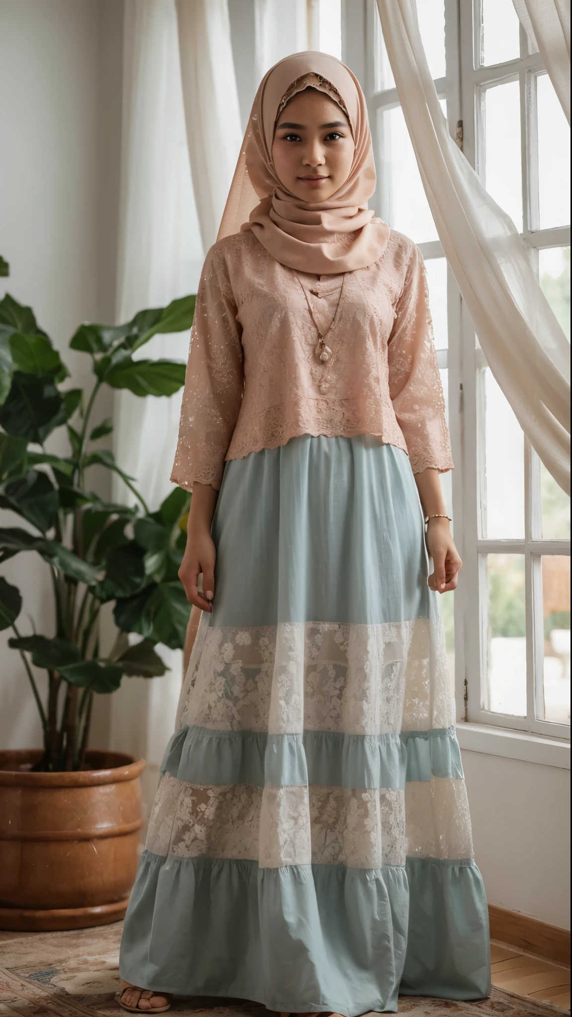 best quality, ultra-detailed, realistic:1.37), perfect hijab, young Indonesian man face, cute face, fair and smooth skin, bright and serene expression, soft smile, beautiful and detailed eyes, small and delicate nose, blush cheeks, peach and cute lips, light brown eyebrows, dark and long eyelashes