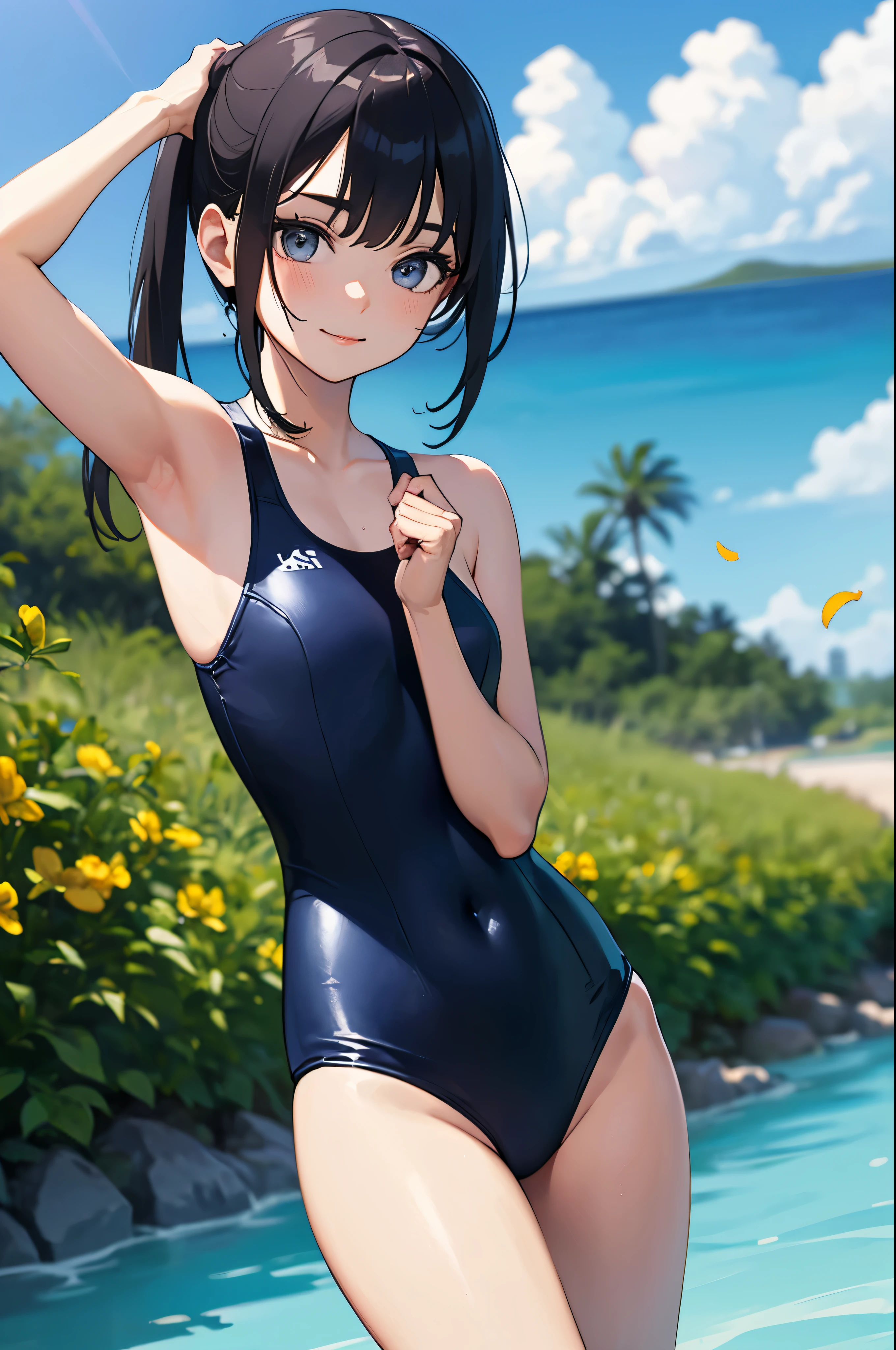 (masterpiece, highest quality, 8K ultra-high resolution:1.4), (tropical, beach side, flowers: 1.4), Depth of the bounds written, cinematic focus, from a dramatic angle, Emotional composition, BREAK young cute girl with hands on hips, slender body, flat chest, A provocative and loving expression, highly detailed shiny skin, Dark blue one-piece swimsuit, (Wet and shiny detailed swimsuit: 1.2), Wet and shiny thighs BREAK
(realistic: 1.2), beautiful ponytail hair, Wind, detailed in the Wind, petals dancing in the Wind
BREAK
ultra detailed crystal eyes, red jewel eyes