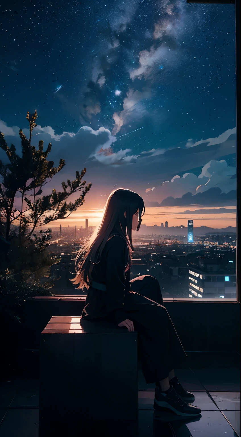 of octane, sky, star (sky), landscape, starry sky, night, 1 girl, night sky, One, on open air, building, cloud, Milky Way, Sitting, tree, long hair, city, Silhouette, cityscape