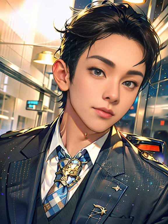 There is a man wearing a suit and tie，The background is starry sky，A shiny little badge on the collar