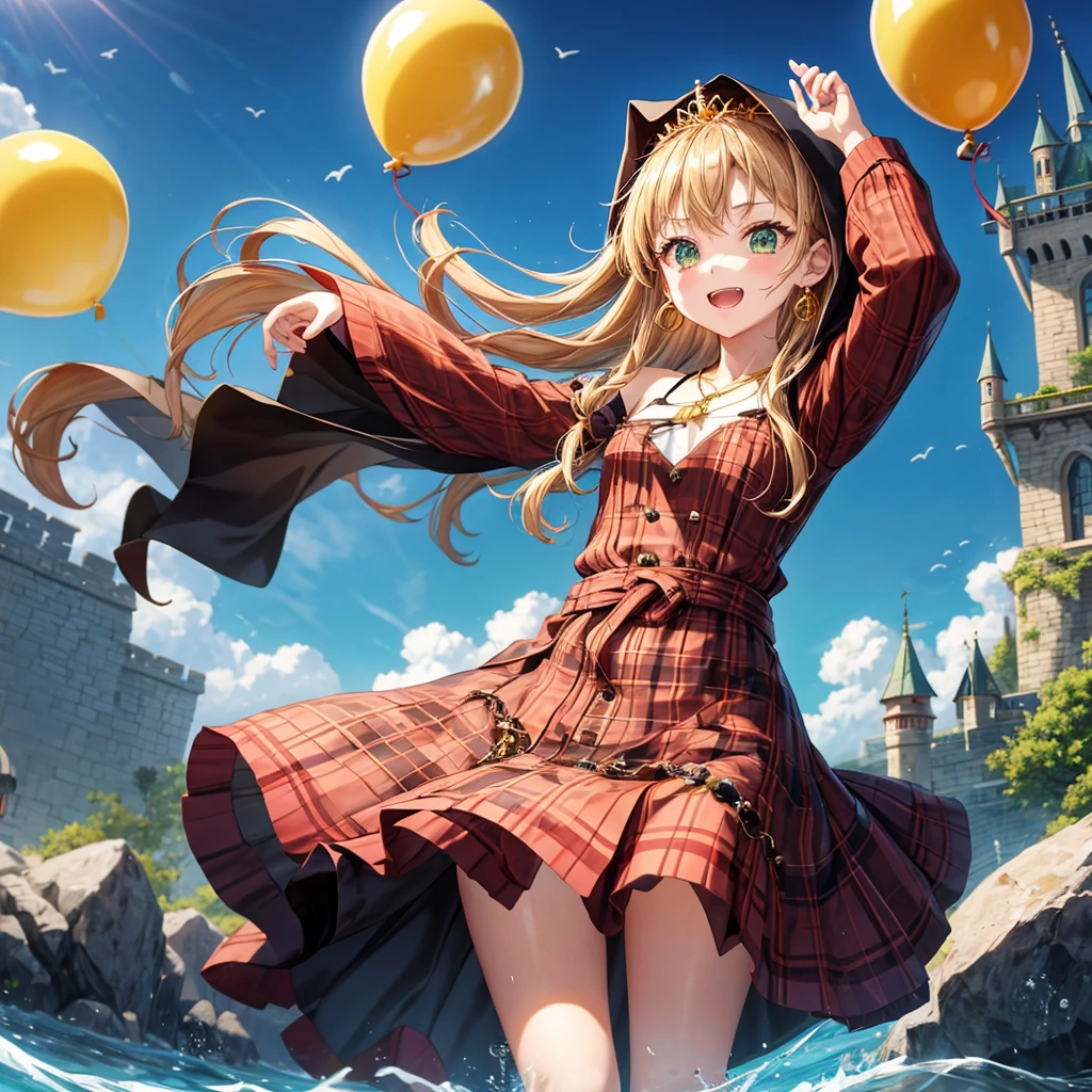 reddish-brown blonde、green eyes、one good looking girl、solo、anime、plaid mini skirt、the skirt has buttons、camisole、black t-shirt、dress、wearing a ribbon、ribbon at waist、cloak、hood、clouds are swirling、stone slabs are piled up、one hand raised、crystal earrings、sun、gold coins are falling、teeth are visible、splash of water、monster castle、have a world map、ceiling、golden key、balloon、jewelry necklace、tiara