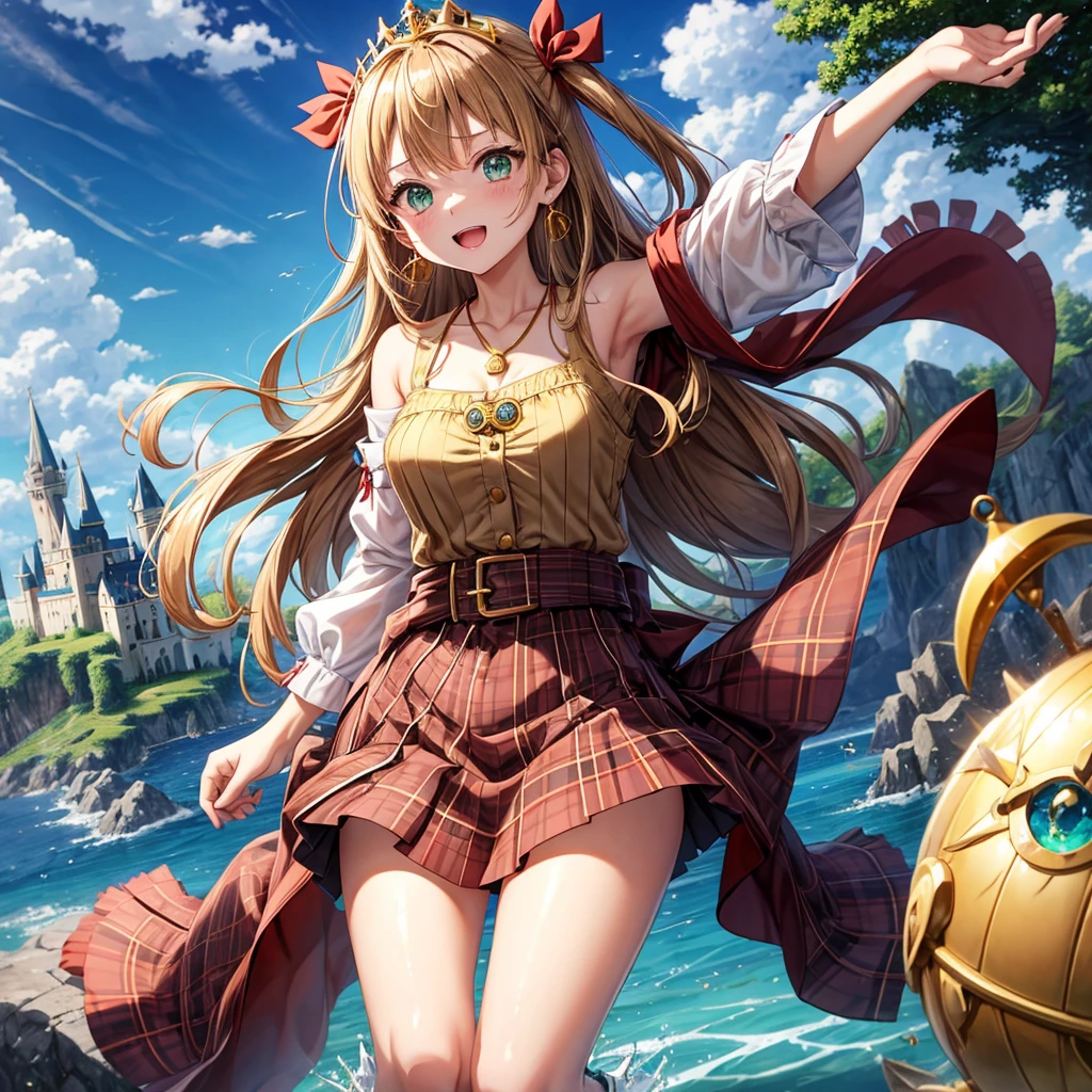 reddish-brown blonde、green eyes、one good looking girl、solo、anime、plaid mini skirt、the skirt has buttons、camisole、black t-shirt、dress、wearing a ribbon、ribbon at waist、cloak、hood、clouds are swirling、stone slabs are piled up、one hand raised、crystal earrings、sun、gold coins are falling、teeth are visible、splash of water、monster castle、have a world map、ceiling、golden key、balloon、jewelry necklace、tiara