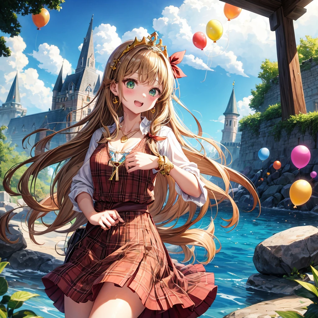 reddish-brown blonde、green eyes、one good looking girl、solo、anime、plaid mini skirt、the skirt has buttons、camisole、black t-shirt、dress、wearing a ribbon、ribbon at waist、cloak、hood、clouds are swirling、stone slabs are piled up、one hand raised、crystal earrings、sun、gold coins are falling、teeth are visible、splash of water、monster castle、have a world map、ceiling、golden key、balloon、jewelry necklace、tiara