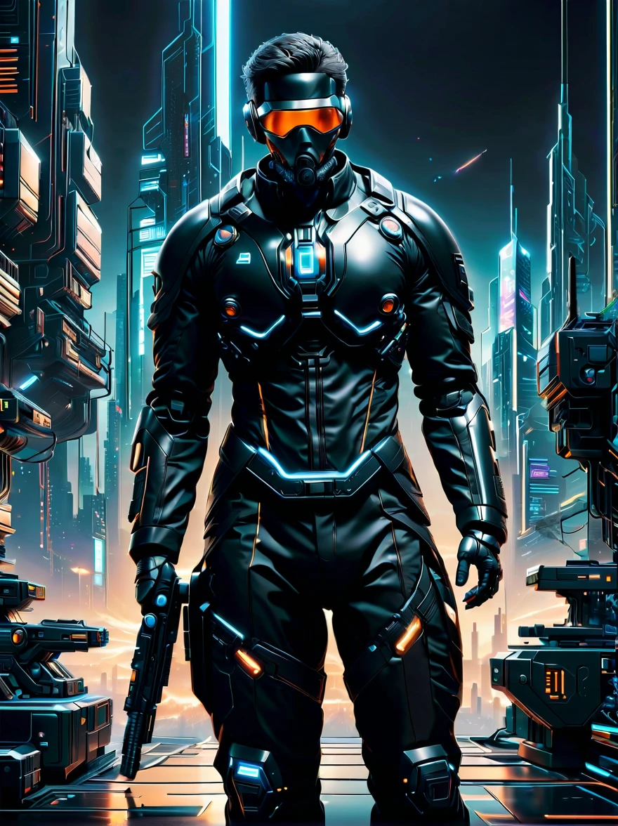（A man in a stylish black suit:1.5），A futuristic agent equipped with exquisite weapons and equipment，The agent stood firm.，Be prepared，Showcasing a variety of high-tech equipment that is seamlessly integrated into the garments。The background should suggest a future urban landscape，Advanced technology and architecture visible。Agent&#39;s equipment includes innovative and advanced gadgets and weapons，Highlighting the advanced nature of the world they live in。The overall image should convey a sense of mystery、A sense of sophistication and cutting-edge technology。